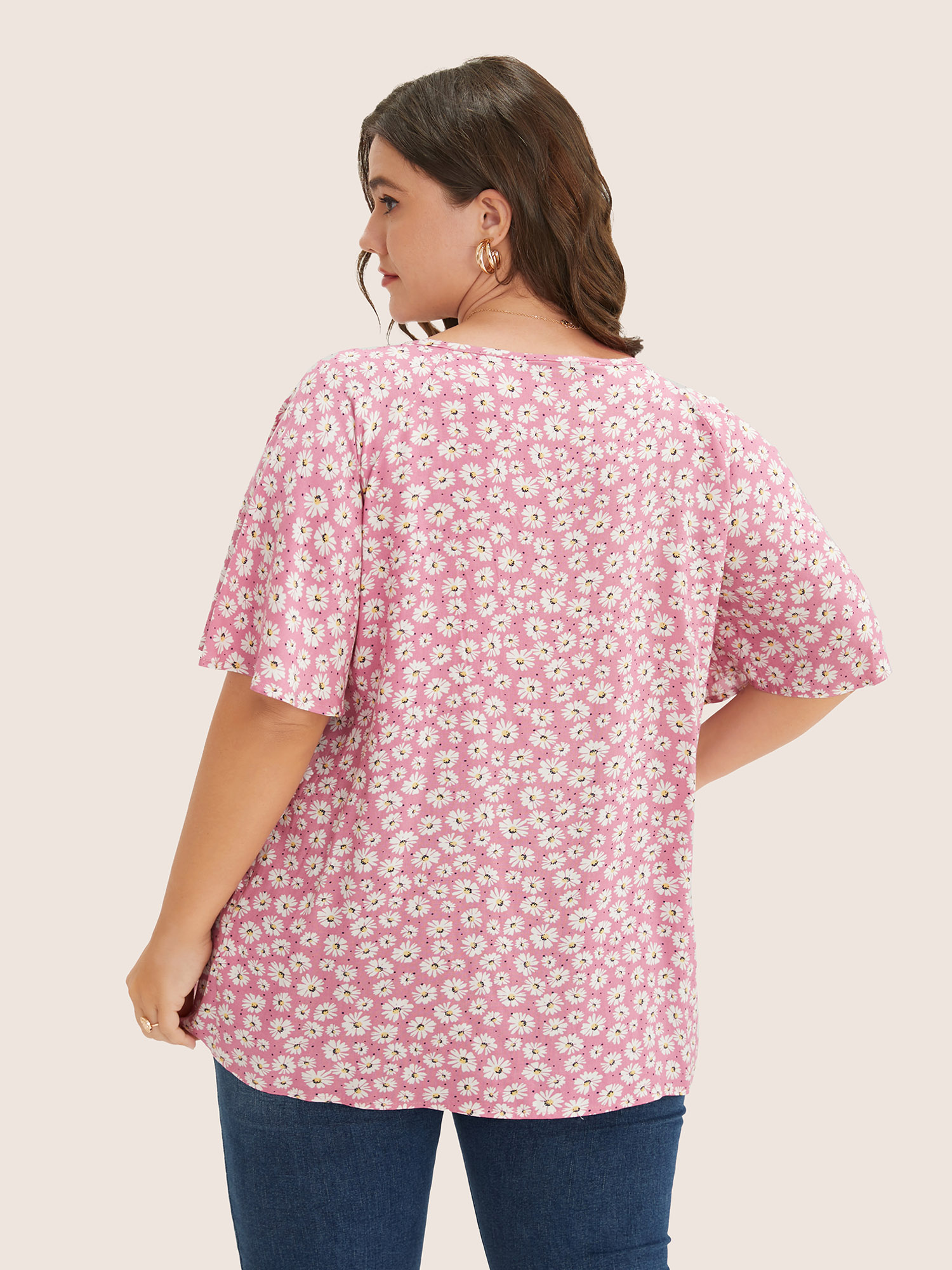Plus Size Pink Ditsy Floral Ruffle Sleeve Tie Neck Blouse Women Elegant Short sleeve V-neck Everyday Blouses BloomChic 22-24/3X 