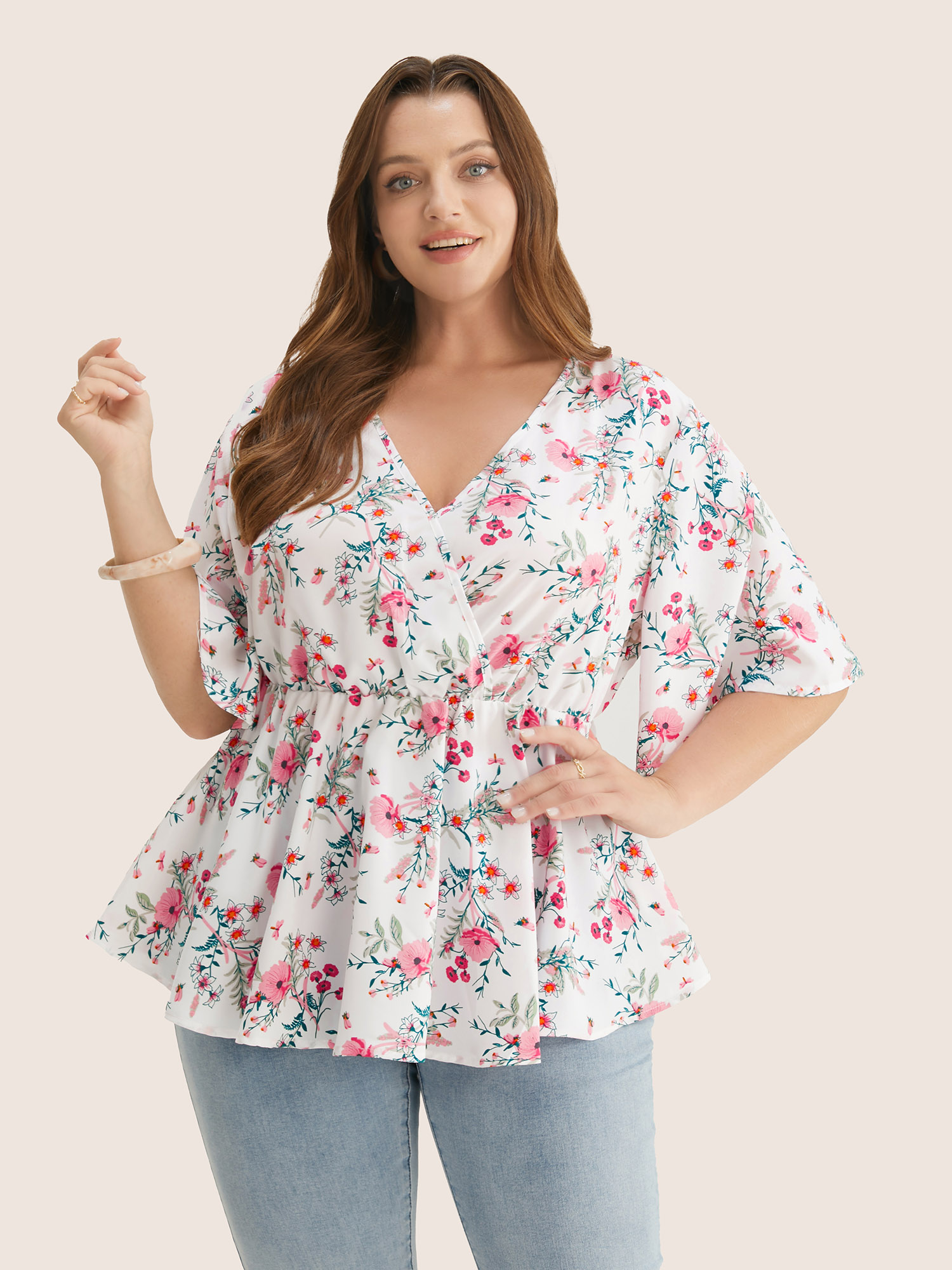 

Plus Size White Floral Print Ruffles Surplice Neck Blouse Women Elegant Half Sleeve V-neck Everyday Blouses BloomChic