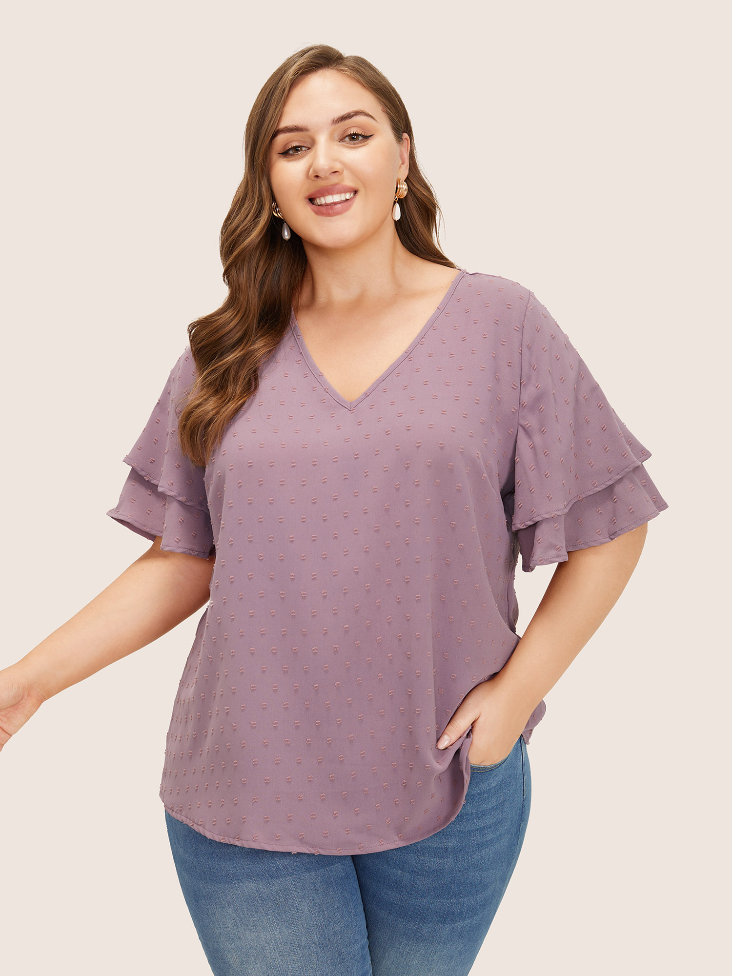 Plus Size Mauve Plain Ruffle Tiered Sleeve V Neck Polka Dot Blouse Women Elegant Short sleeve V-neck Everyday Blouses BloomChic 28/5X 