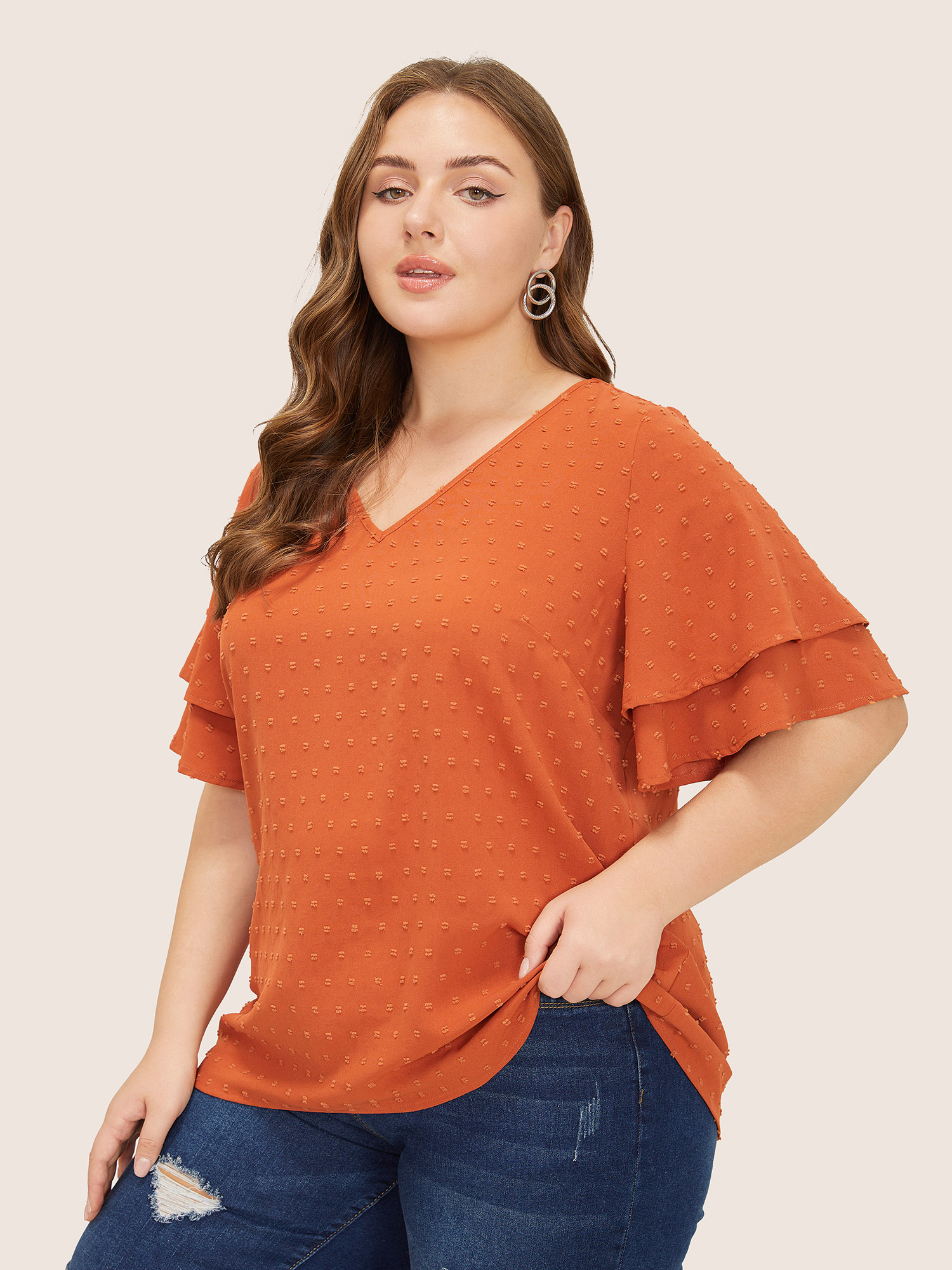 Plus Size Orange Plain Ruffle Tiered Sleeve V Neck Polka Dot Blouse Women Elegant Short sleeve V-neck Everyday Blouses BloomChic 18-20/2X 