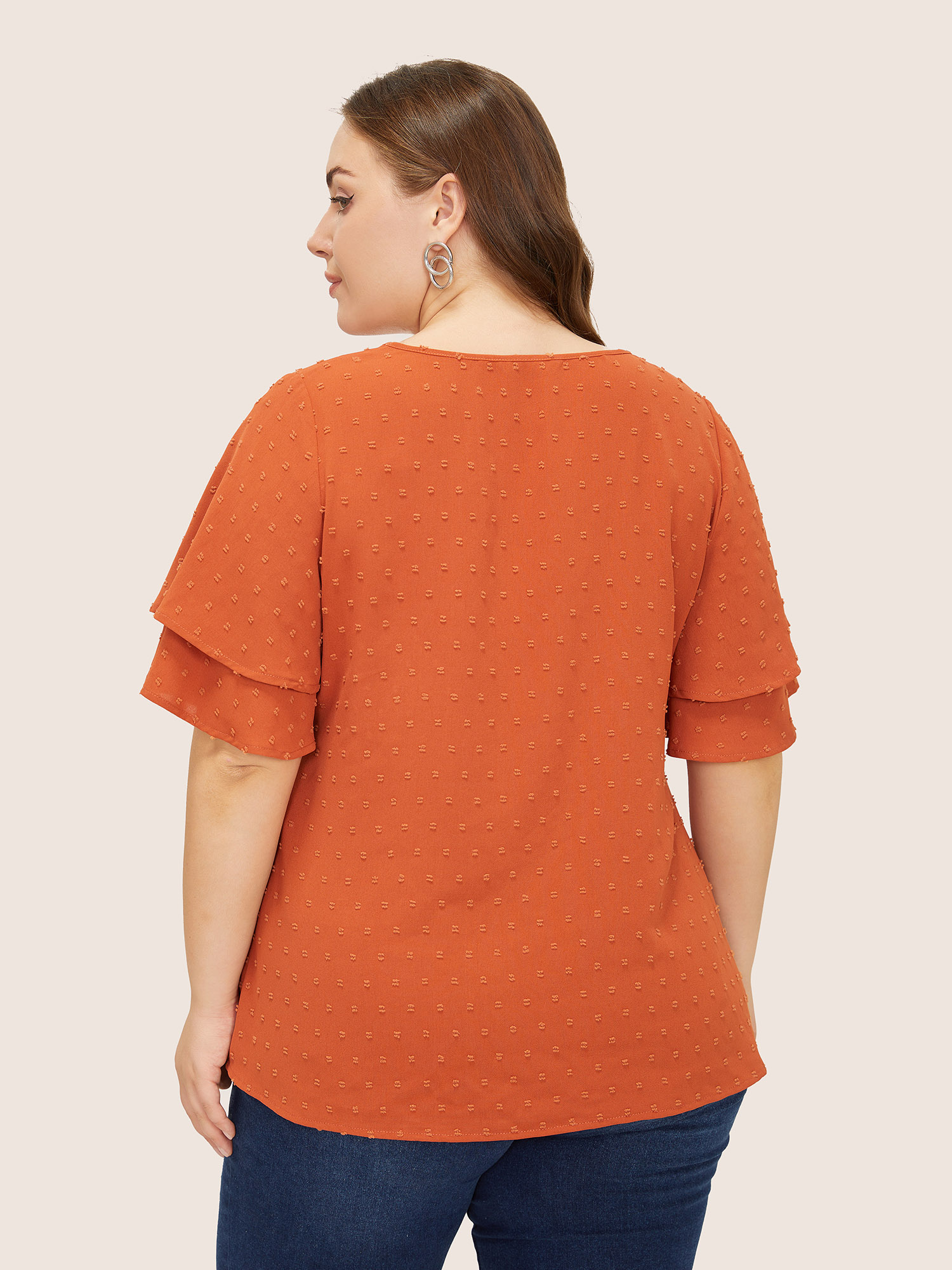 Plus Size Orange Plain Ruffle Tiered Sleeve V Neck Polka Dot Blouse Women Elegant Short sleeve V-neck Everyday Blouses BloomChic 18-20/2X 