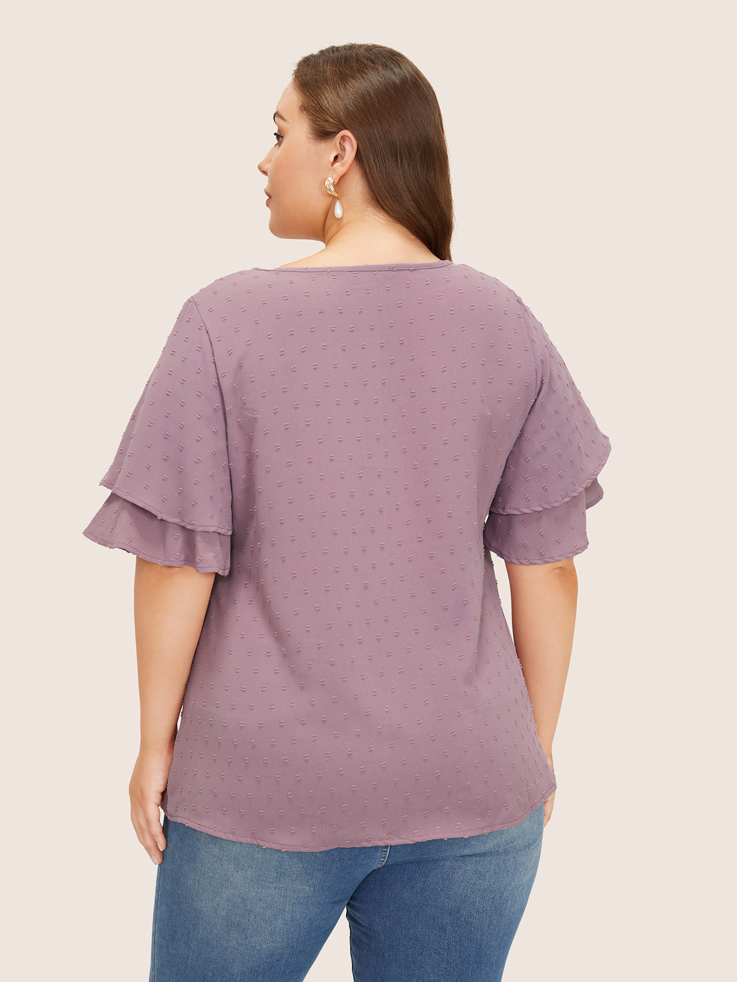 Plus Size Mauve Plain Ruffle Tiered Sleeve V Neck Polka Dot Blouse Women Elegant Short sleeve V-neck Everyday Blouses BloomChic 28/5X 