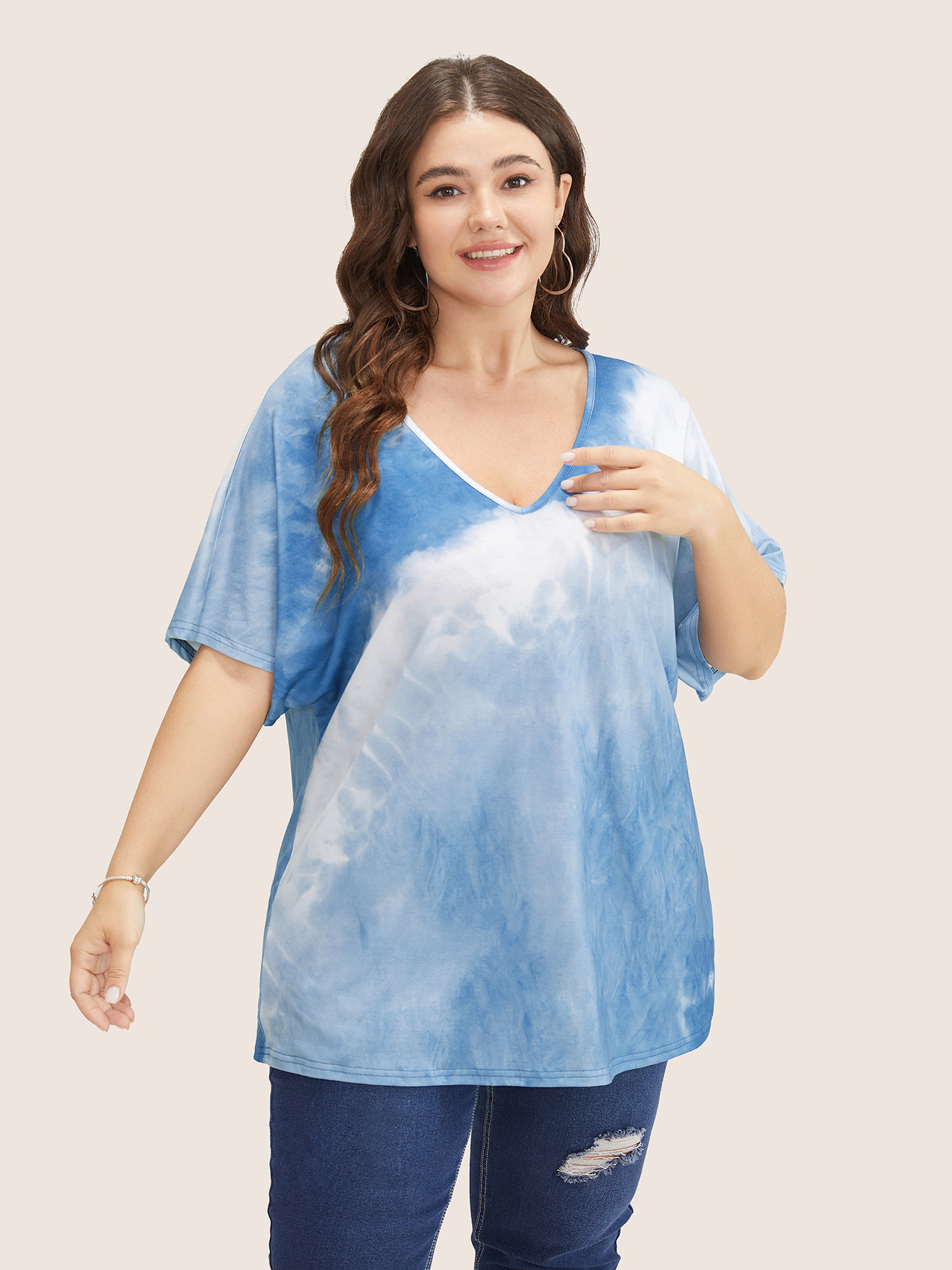 Plus Size Women Vacation Tie Dye Regular Sleeve Short sleeve V-neck Resort T-shirts BloomChic 
