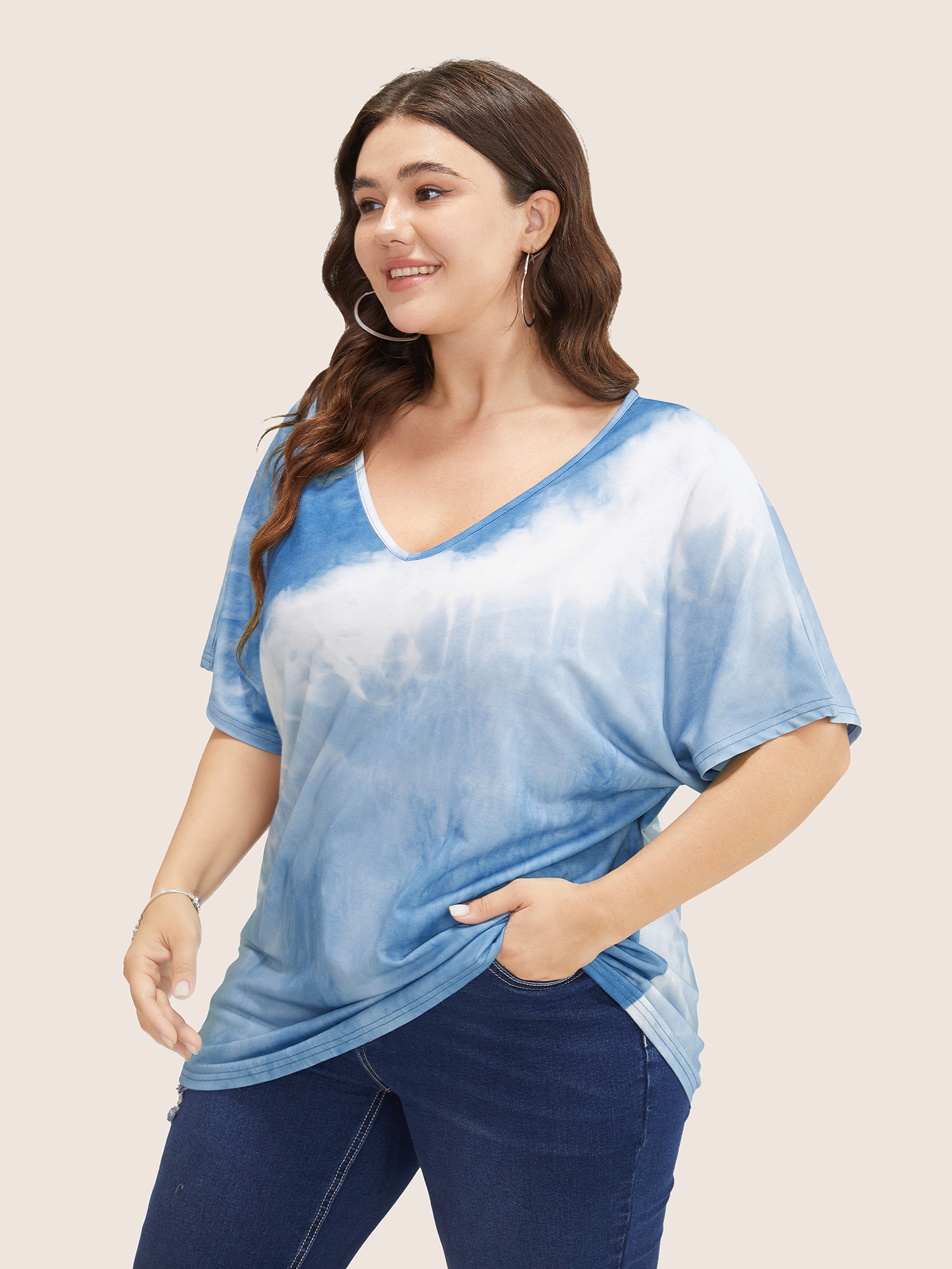 Plus Size Women Vacation Tie Dye Regular Sleeve Short sleeve V-neck Resort T-shirts BloomChic 