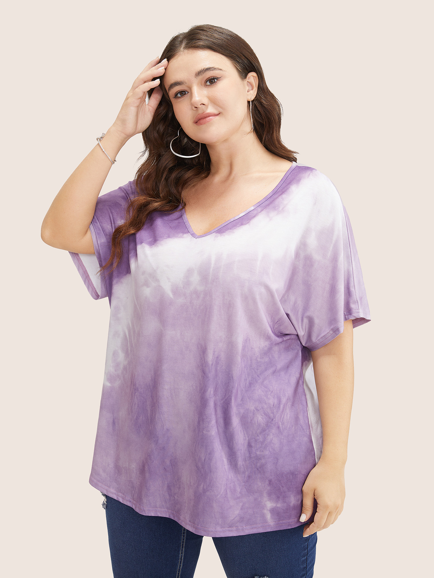 

Plus Size Tie Dye Drop Shoulder V Neck T-shirt Purple Women Resort Tie Dye V-neck Vacation T-shirts BloomChic