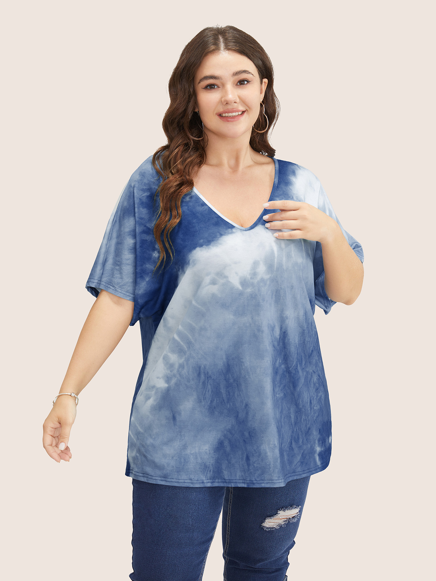 

Plus Size Tie Dye Drop Shoulder V Neck T-shirt Navy Women Resort Tie Dye V-neck Vacation T-shirts BloomChic