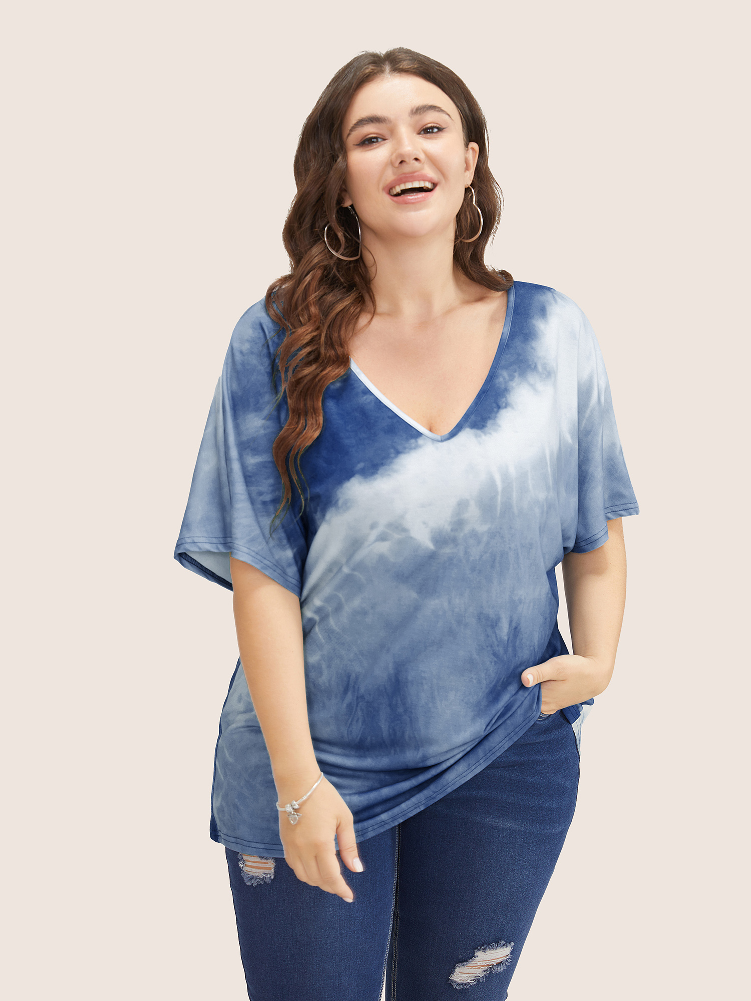 

Plus Size Tie Dye Drop Shoulder V Neck T-shirt Navy Women Resort Tie Dye V-neck Vacation T-shirts BloomChic