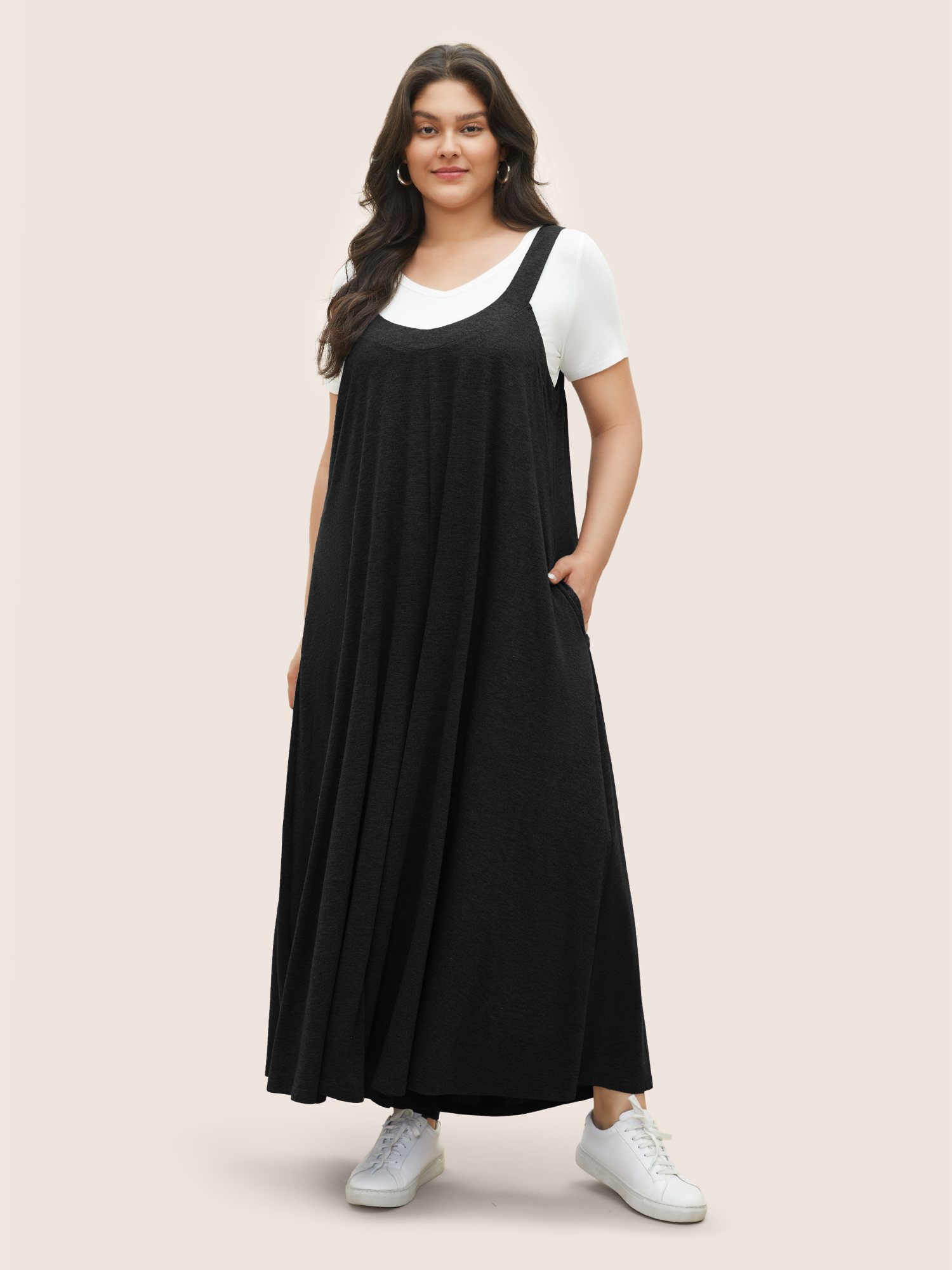 Plus Size Black Supersoft Essentials Solid Pocket Adjustable Straps Jumpsuit Women Casual Sleeveless Non Everyday Loose Jumpsuits BloomChic 28/5X 