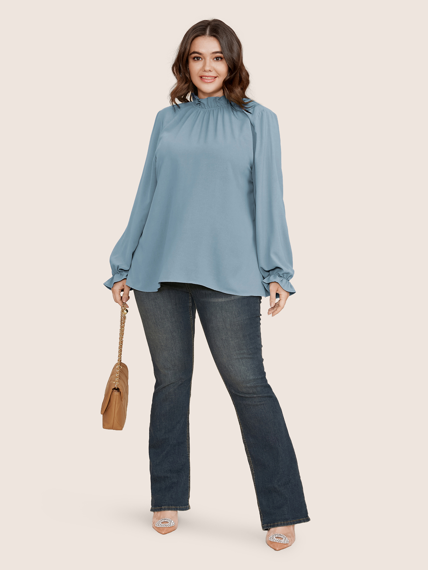 

Plus Size Stone Plain Lantern Sleeve Ruffle Trim Mock Neck Blouse Women Work From Home Long Sleeve Mock Neck Work Blouses BloomChic