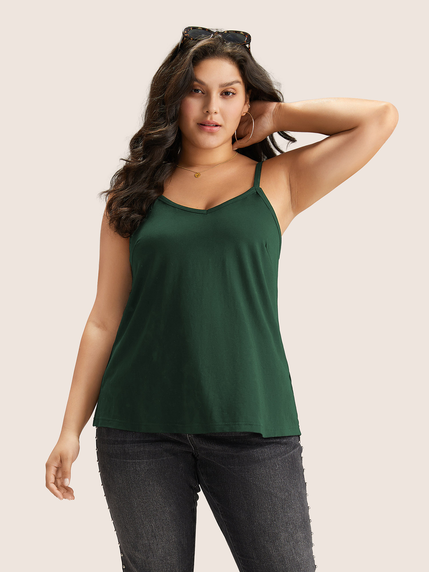 

Plus Size Cotton Plain Adjustable Straps Cami Top Women Green Basics Non V-neck Everyday Tank Tops Camis BloomChic