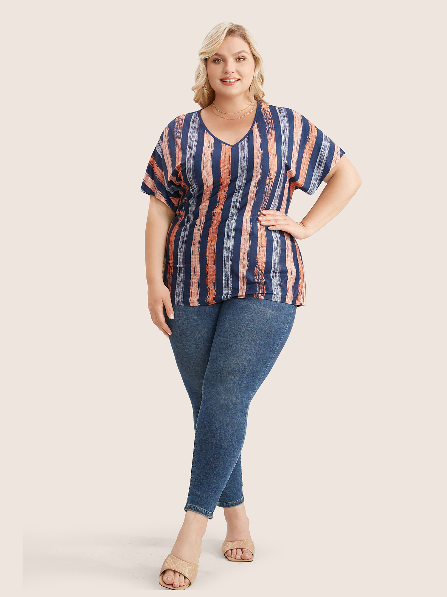 Plus Size Striped Contrast Dolman Sleeve V Neck T-shirt OrangeRed Women Casual Striped V-neck Everyday T-shirts BloomChic 14-16/1X 