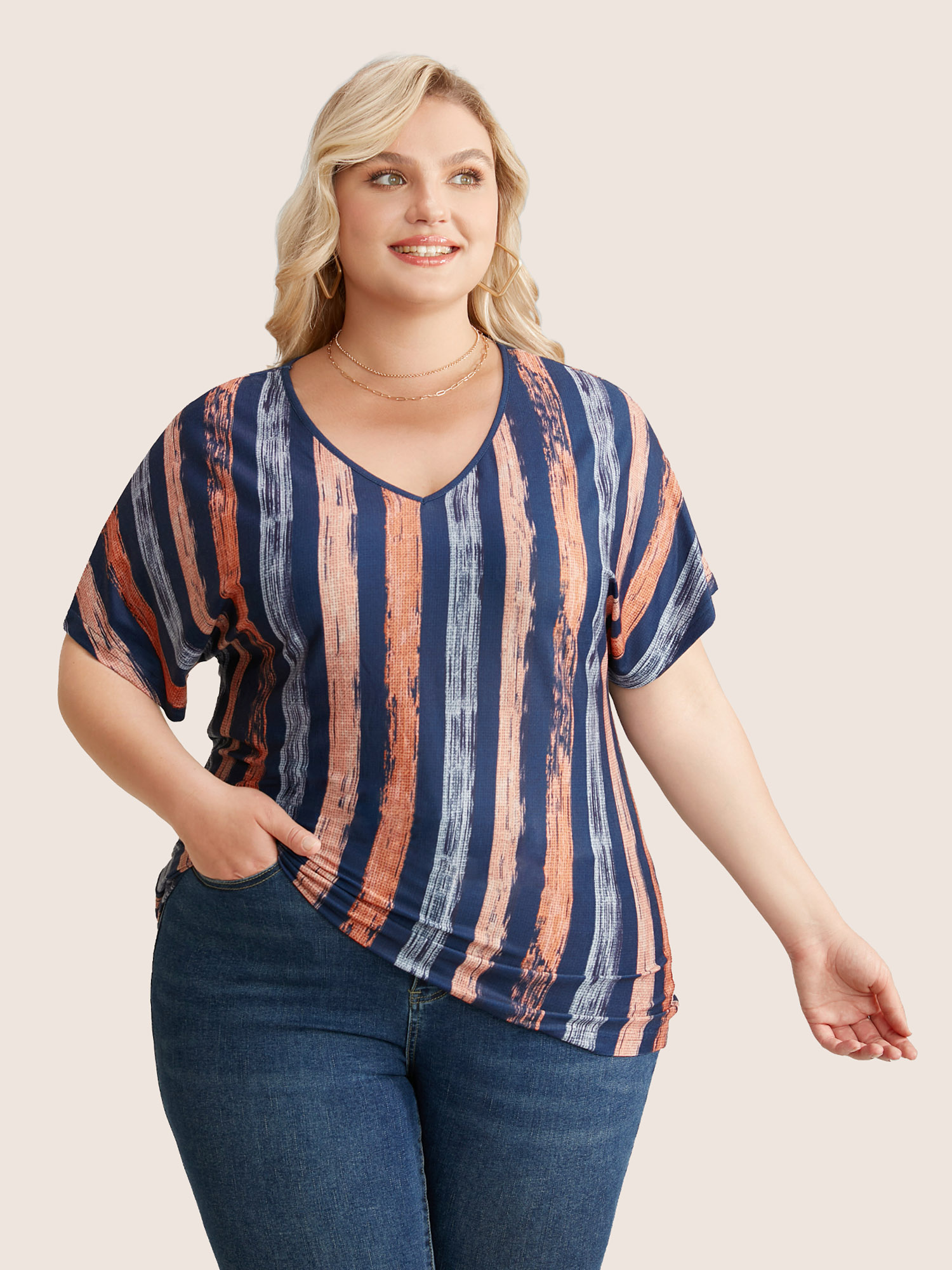 Plus Size Striped Contrast Dolman Sleeve V Neck T-shirt OrangeRed Women Casual Striped V-neck Everyday T-shirts BloomChic 14-16/1X 