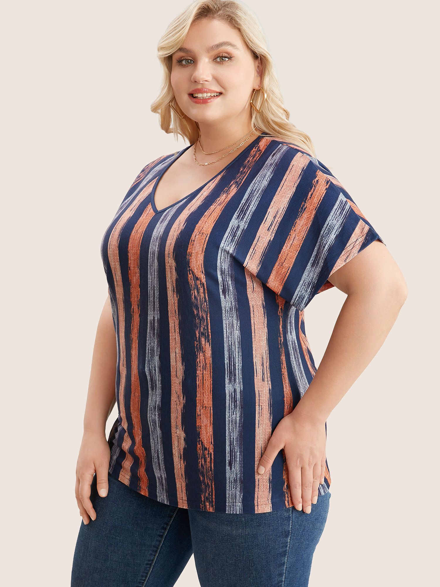 Plus Size Striped Contrast Dolman Sleeve V Neck T-shirt OrangeRed Women Casual Striped V-neck Everyday T-shirts BloomChic 14-16/1X 