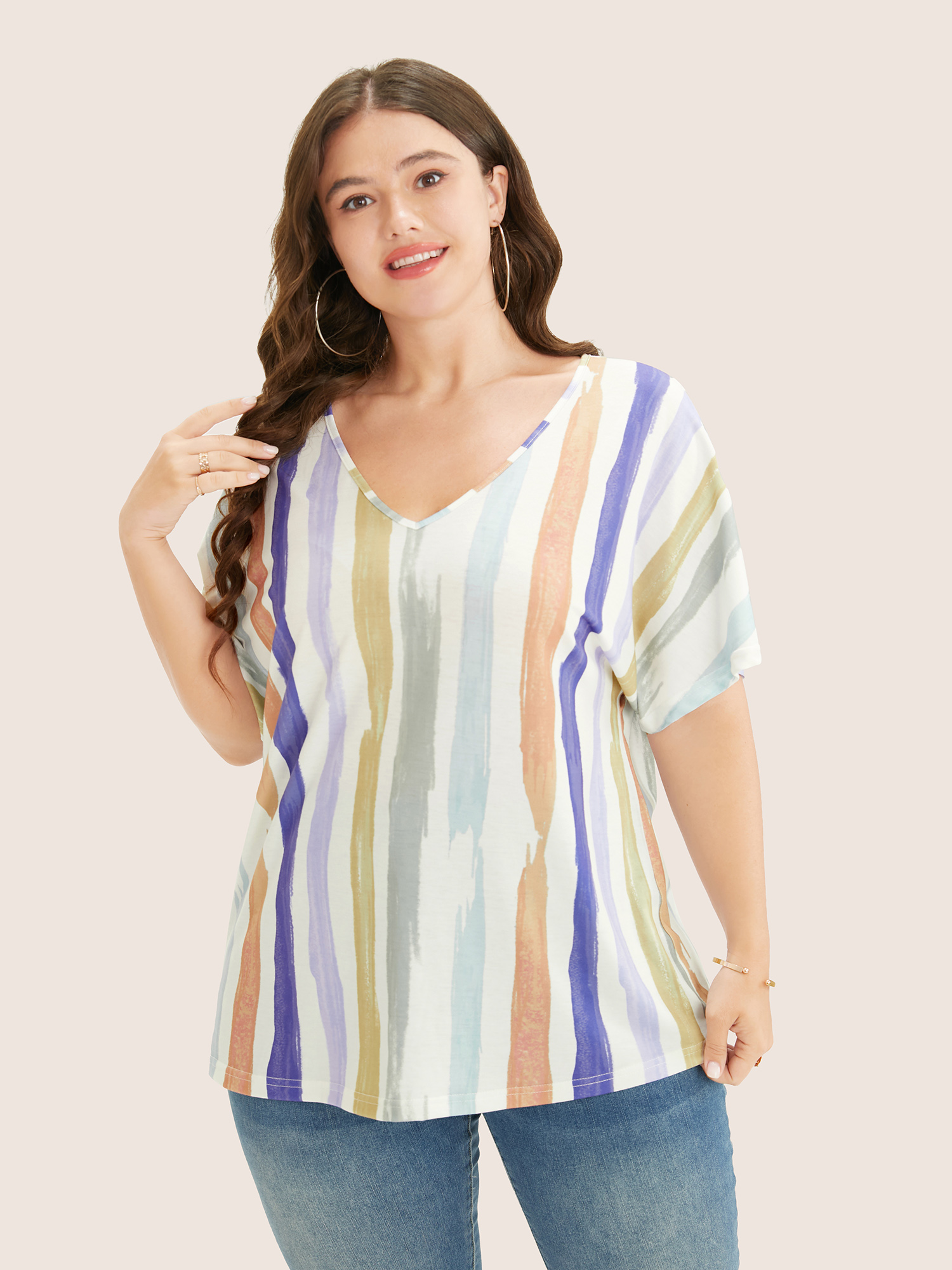 

Plus Size Striped Contrast Dolman Sleeve V Neck T-shirt LightBrown Women Casual Striped V-neck Everyday T-shirts BloomChic