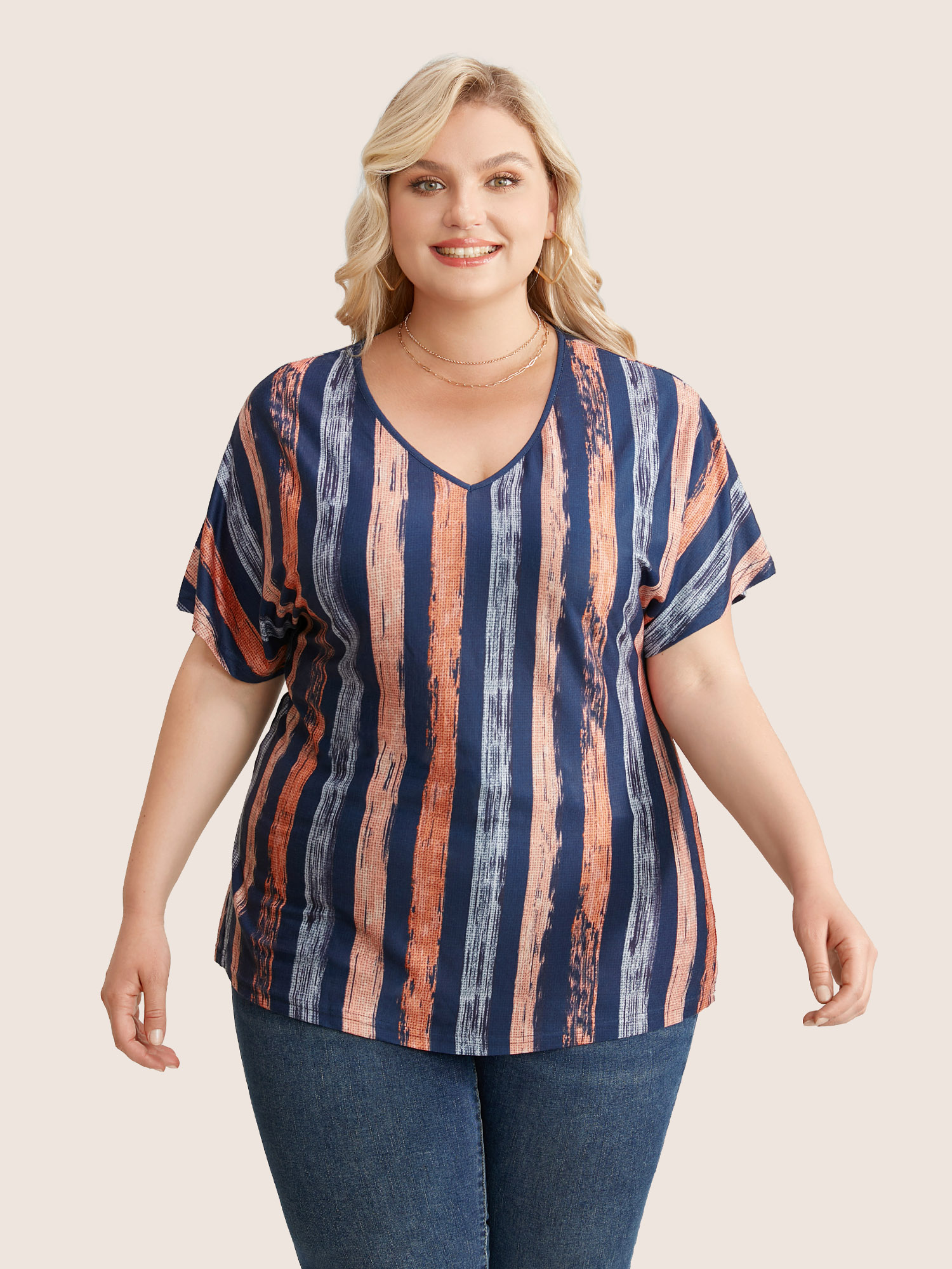 

Plus Size Striped Contrast Dolman Sleeve V Neck T-shirt OrangeRed Women Casual Striped V-neck Everyday T-shirts BloomChic