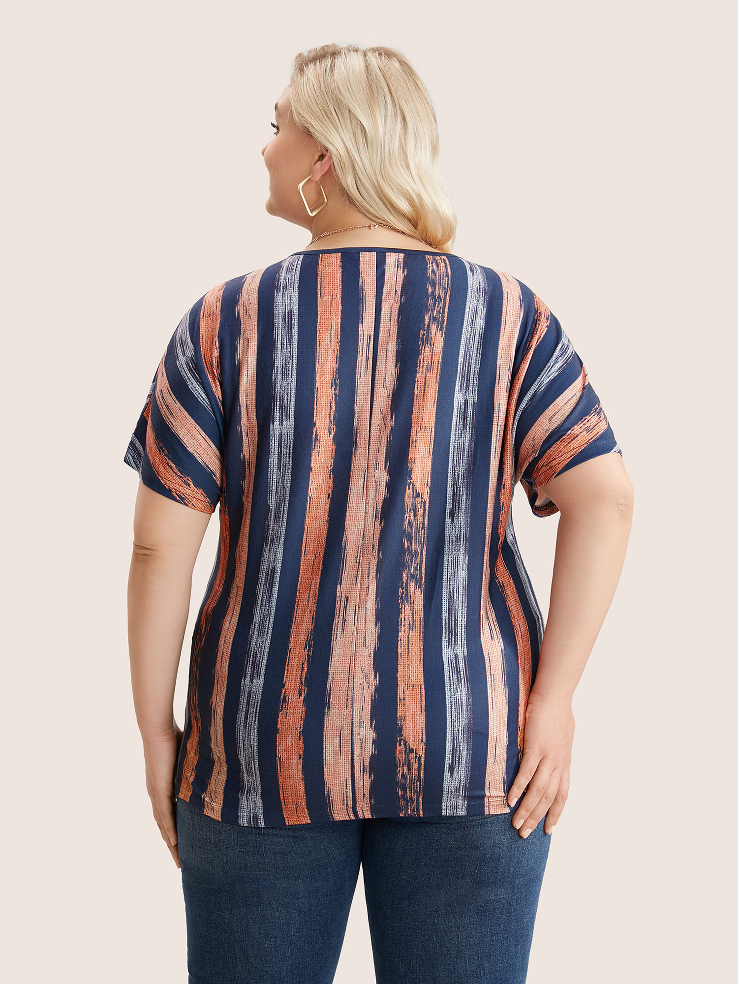 Plus Size Striped Contrast Dolman Sleeve V Neck T-shirt OrangeRed Women Casual Striped V-neck Everyday T-shirts BloomChic 14-16/1X 