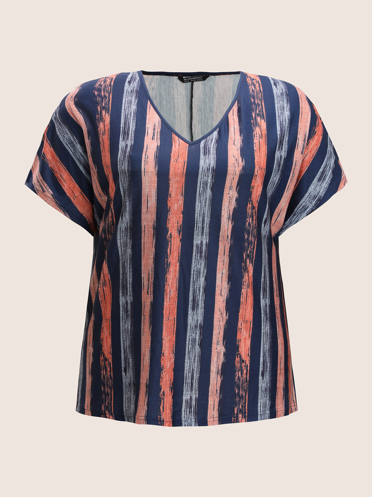 Plus Size Striped Contrast Dolman Sleeve V Neck T-shirt OrangeRed Women Casual Striped V-neck Everyday T-shirts BloomChic 14-16/1X 