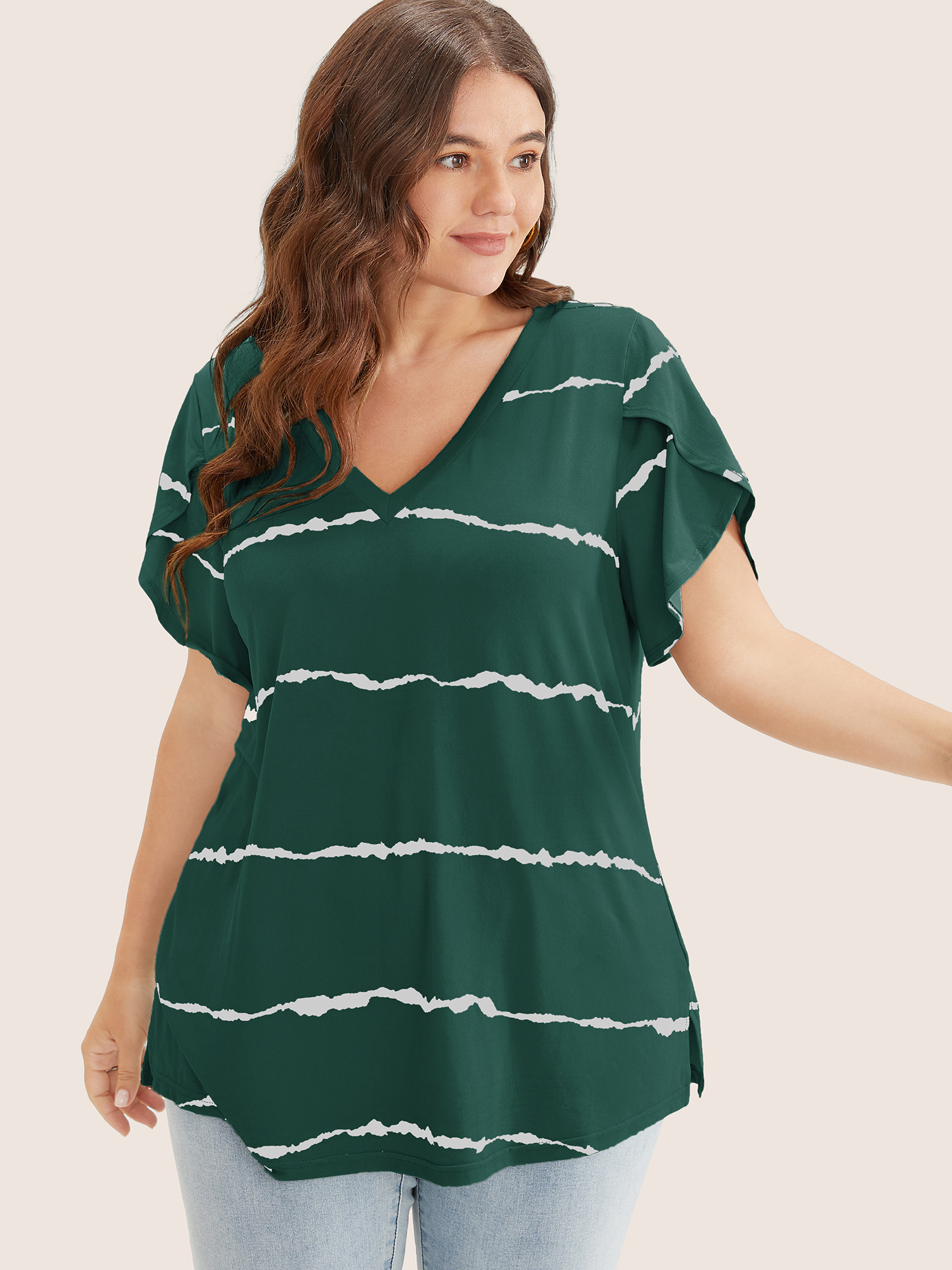 

Plus Size Striped Contrast Petal Sleeve T-shirt DarkGreen Women Elegant Striped Everyday T-shirts BloomChic