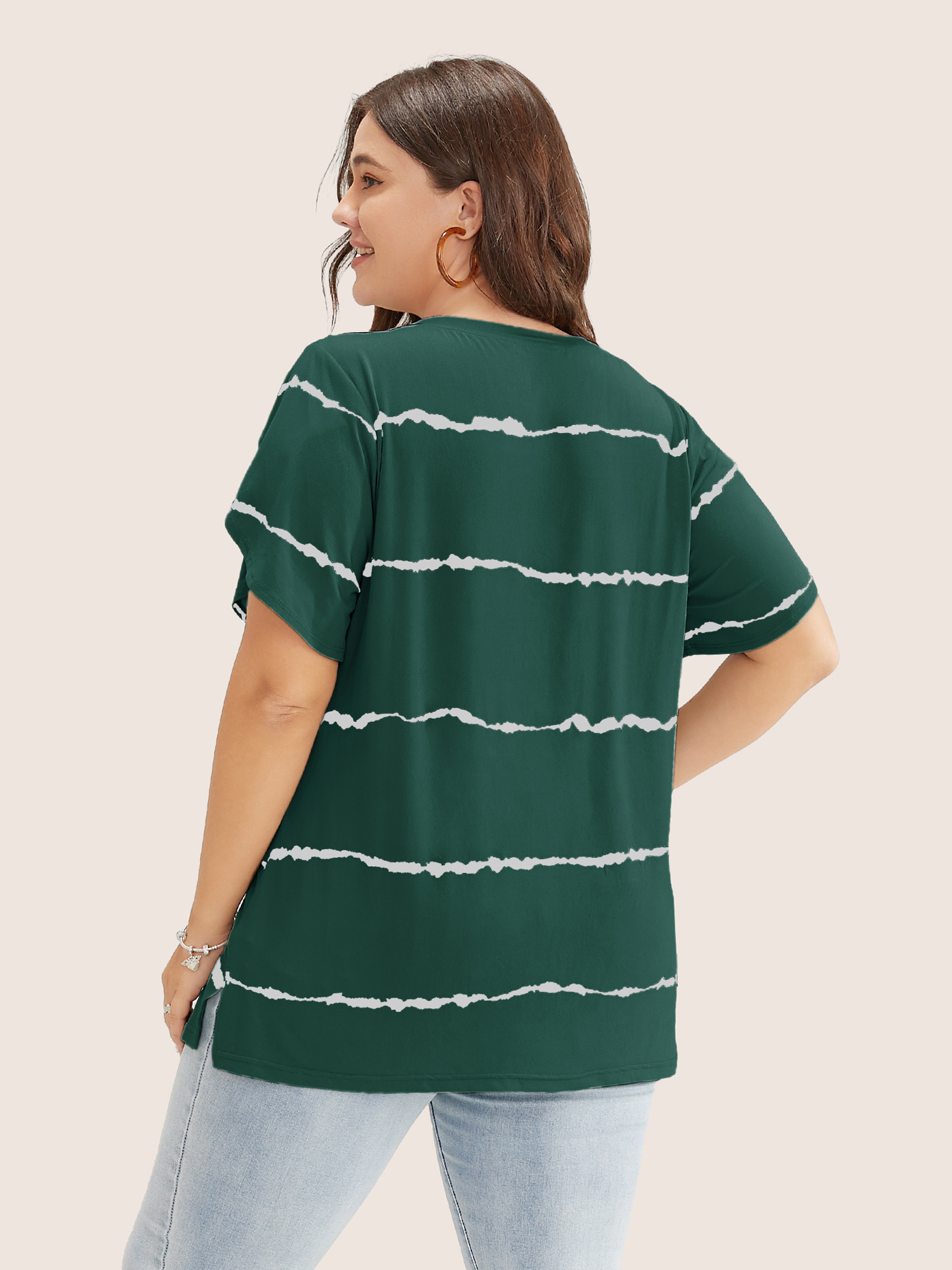 

Plus Size Striped Contrast Petal Sleeve T-shirt DarkGreen Women Elegant Striped Everyday T-shirts BloomChic