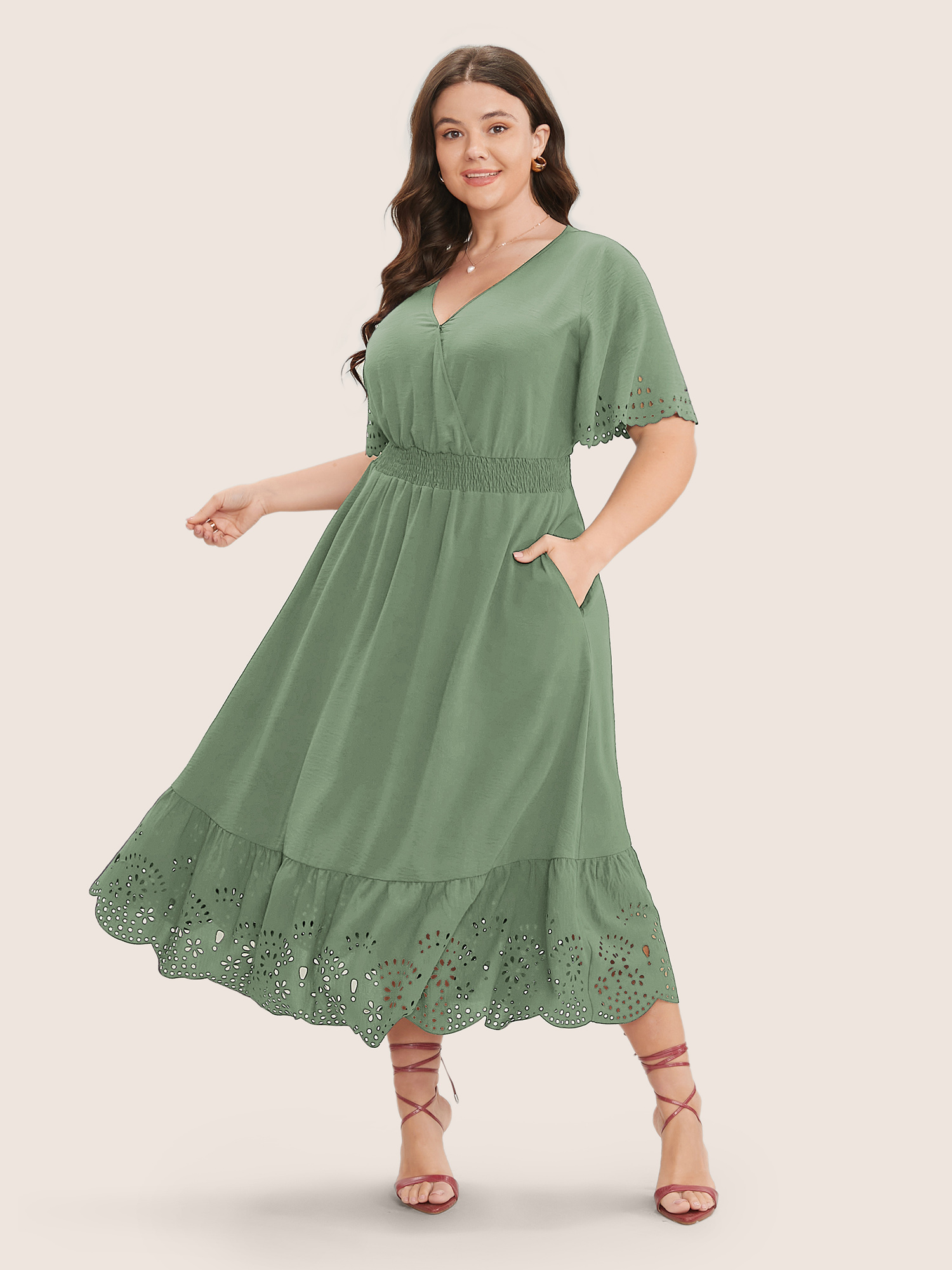 

Plus Size Solid Laser Cut Shirred Pocket Wrap Scalloped Trim Flutter Dress Mint Women Elegant Non V-neck Short sleeve Curvy Midi Dress BloomChic