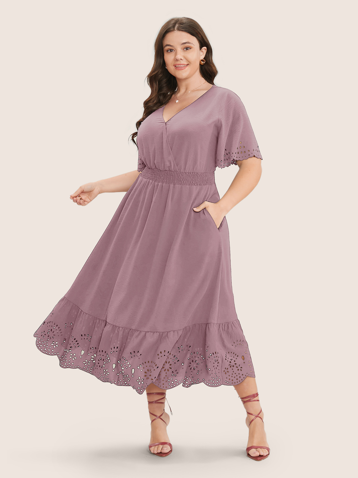 

Plus Size Solid Laser Cut Shirred Pocket Wrap Scalloped Trim Flutter Dress Lilac Women Elegant Non V-neck Short sleeve Curvy Midi Dress BloomChic