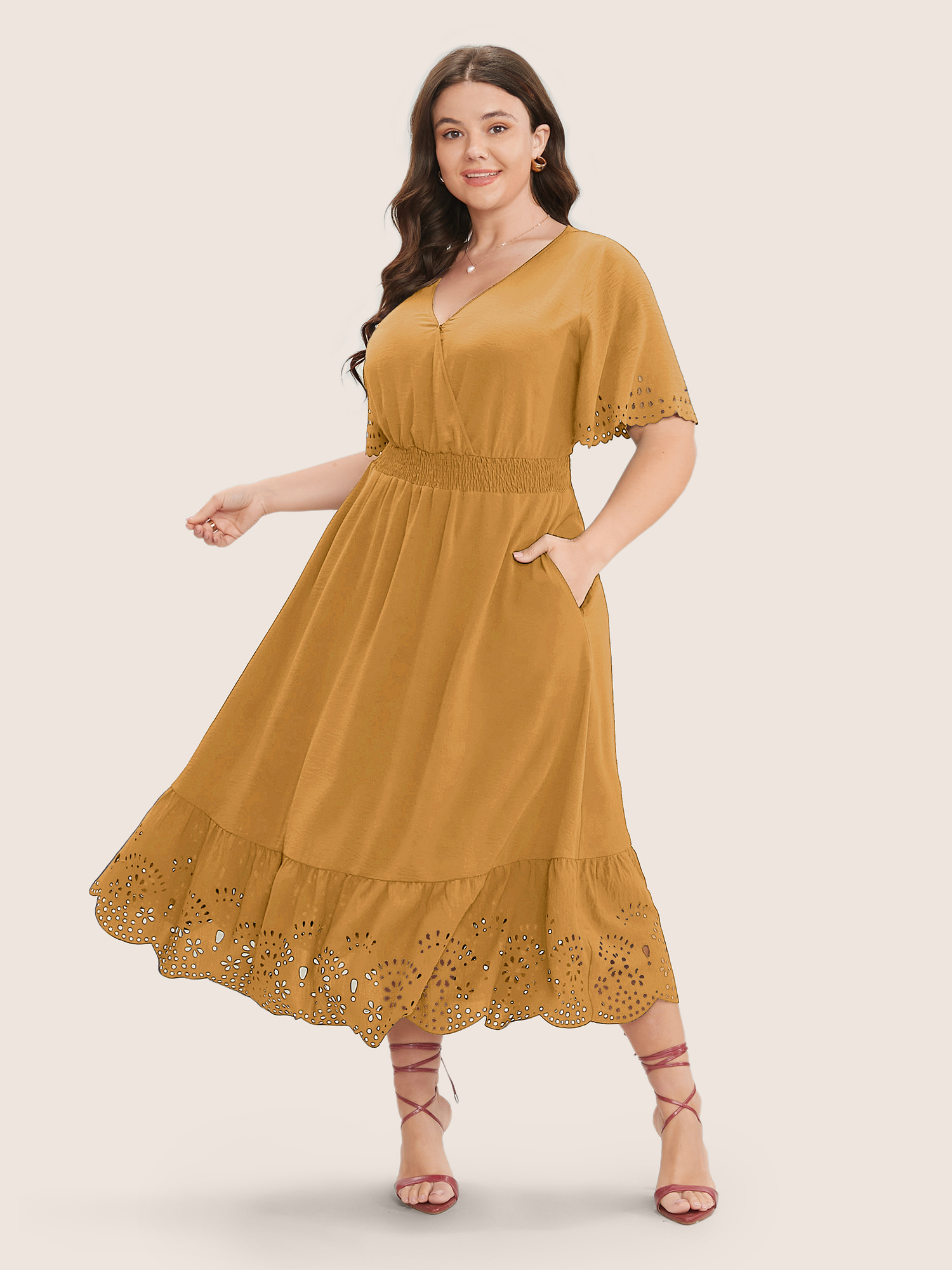 

Plus Size Solid Laser Cut Shirred Pocket Wrap Scalloped Trim Flutter Dress Yellow Women Elegant Non V-neck Short sleeve Curvy Midi Dress BloomChic