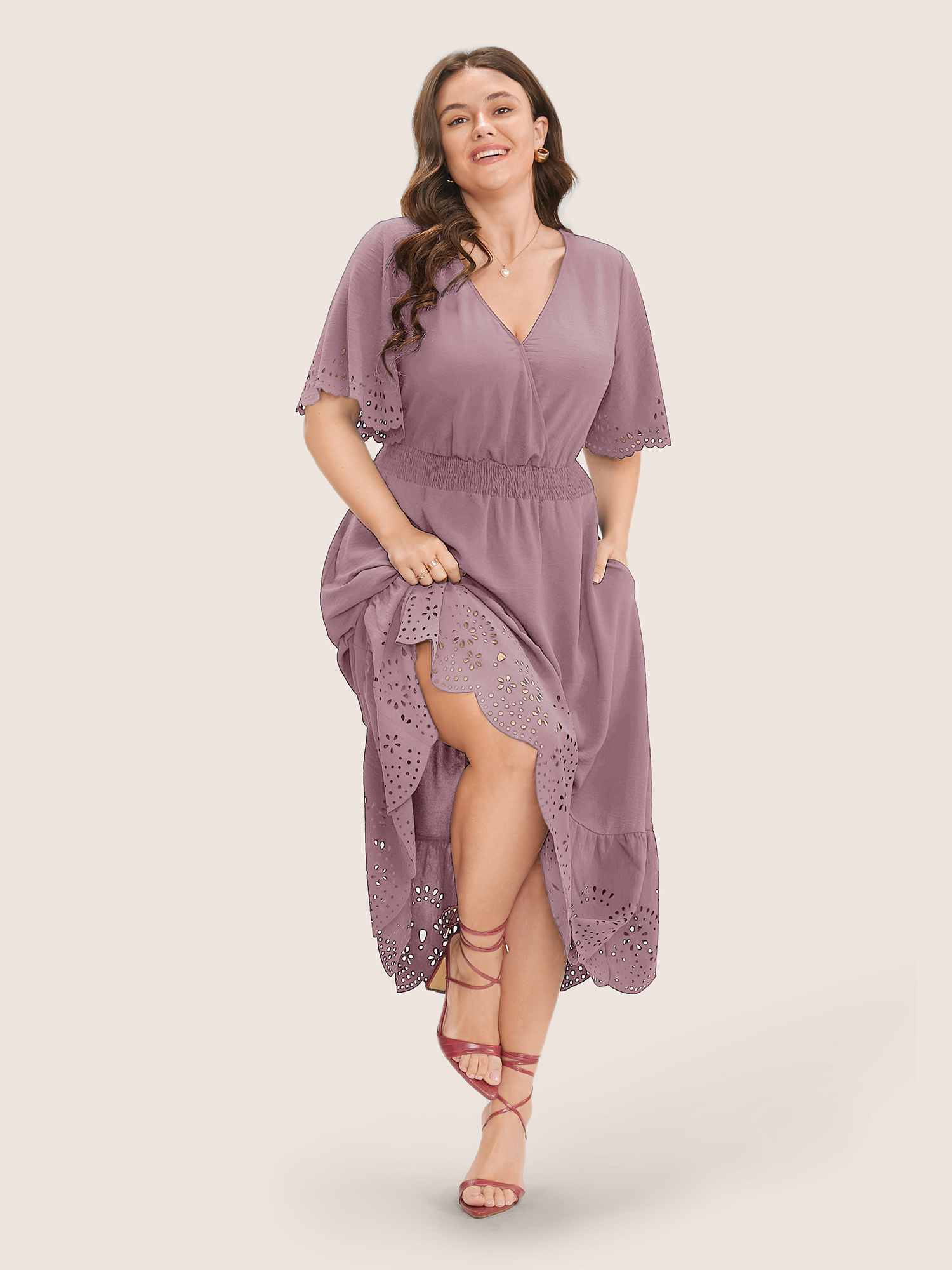 

Plus Size Solid Laser Cut Shirred Pocket Wrap Scalloped Trim Flutter Dress Lilac Women Elegant Non V-neck Short sleeve Curvy Midi Dress BloomChic