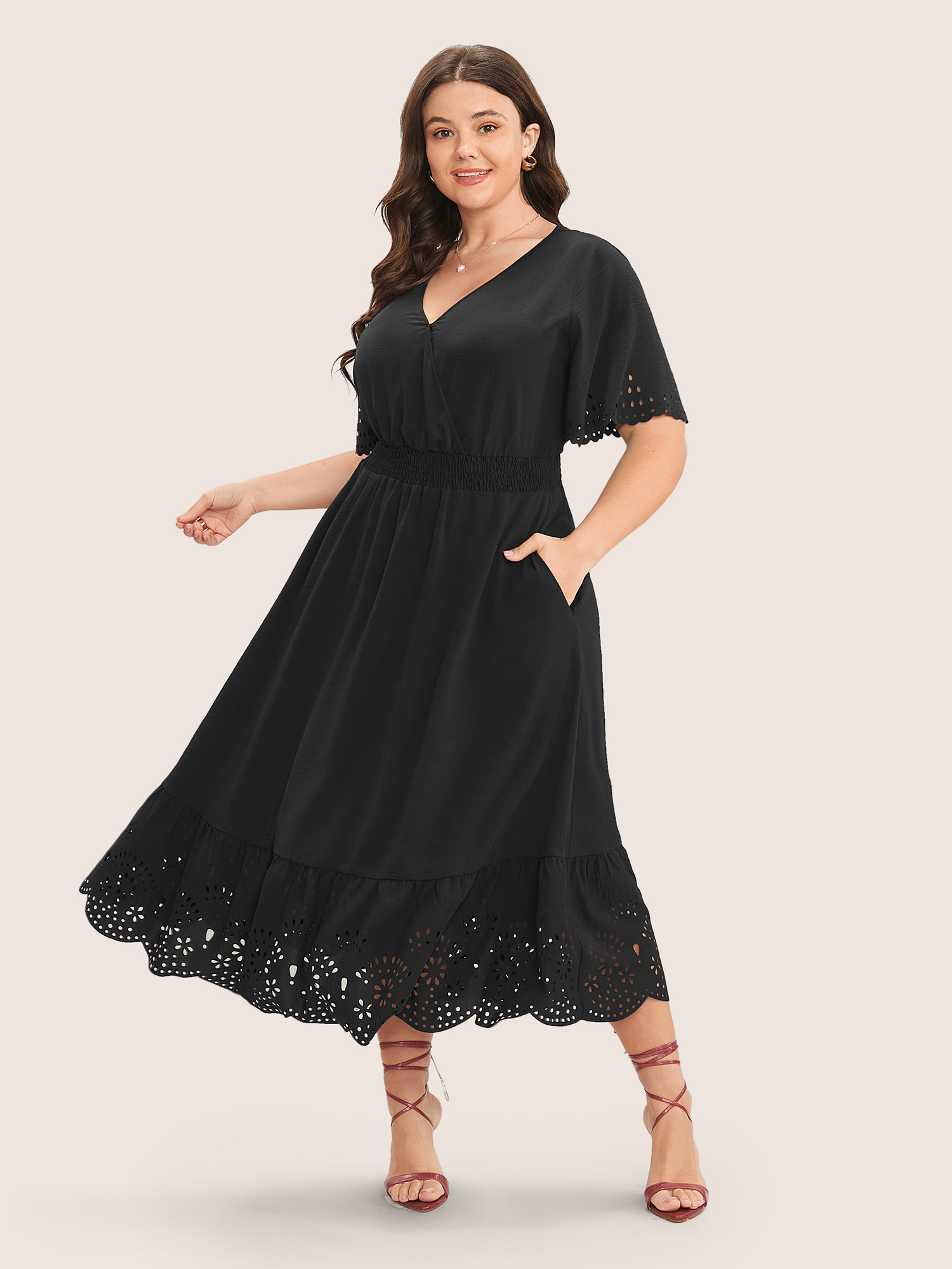 

Plus Size Solid Laser Cut Shirred Pocket Wrap Scalloped Trim Flutter Dress Black Women Elegant Non V-neck Short sleeve Curvy Midi Dress BloomChic