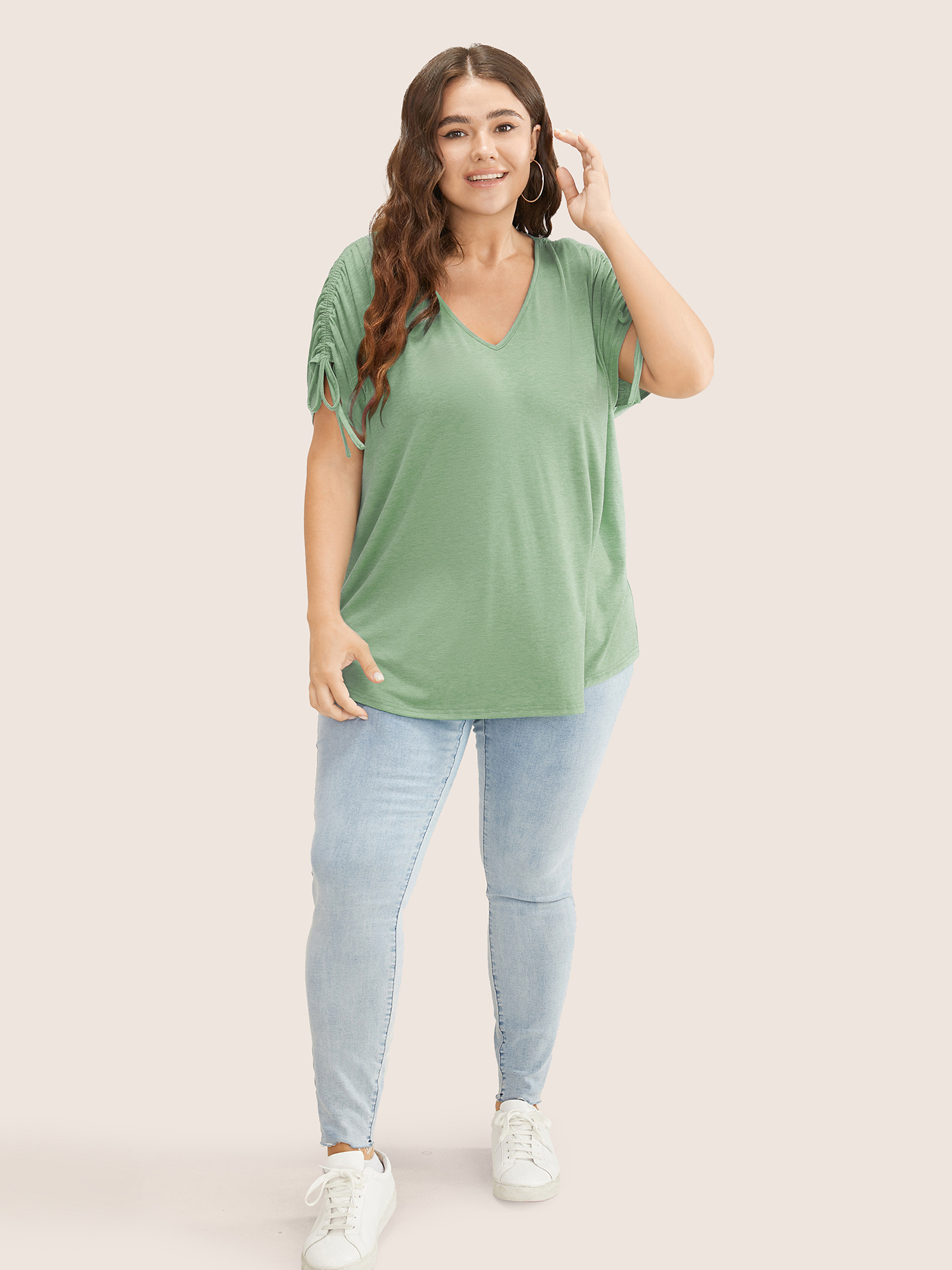 

Plus Size Solid Drawstring Dolman Sleeve T-shirt Mint V-neck Short sleeve Casual Jersey Tops