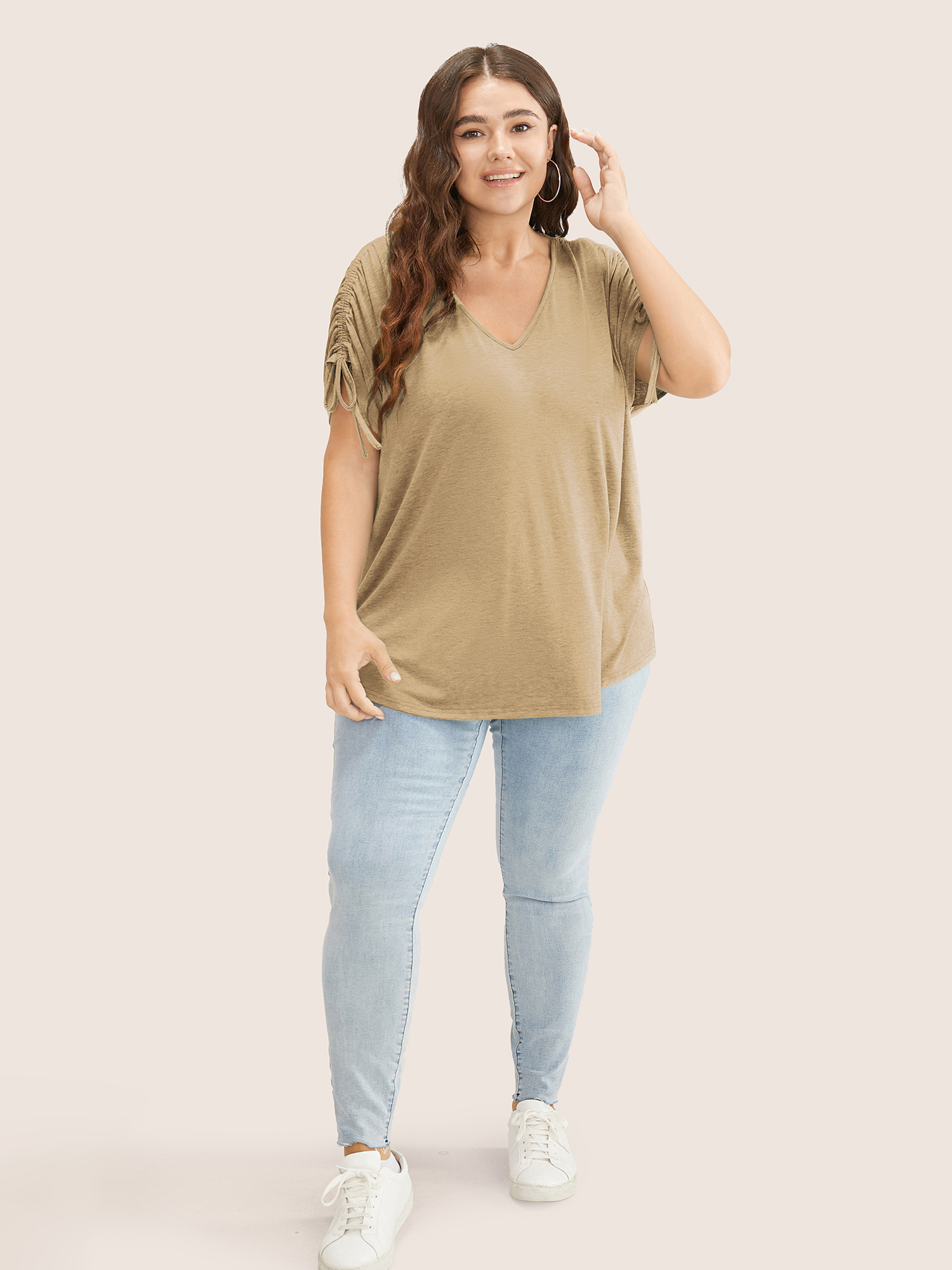 

Plus Size Solid Drawstring Dolman Sleeve T-shirt Tan V-neck Short sleeve Casual Jersey Tops