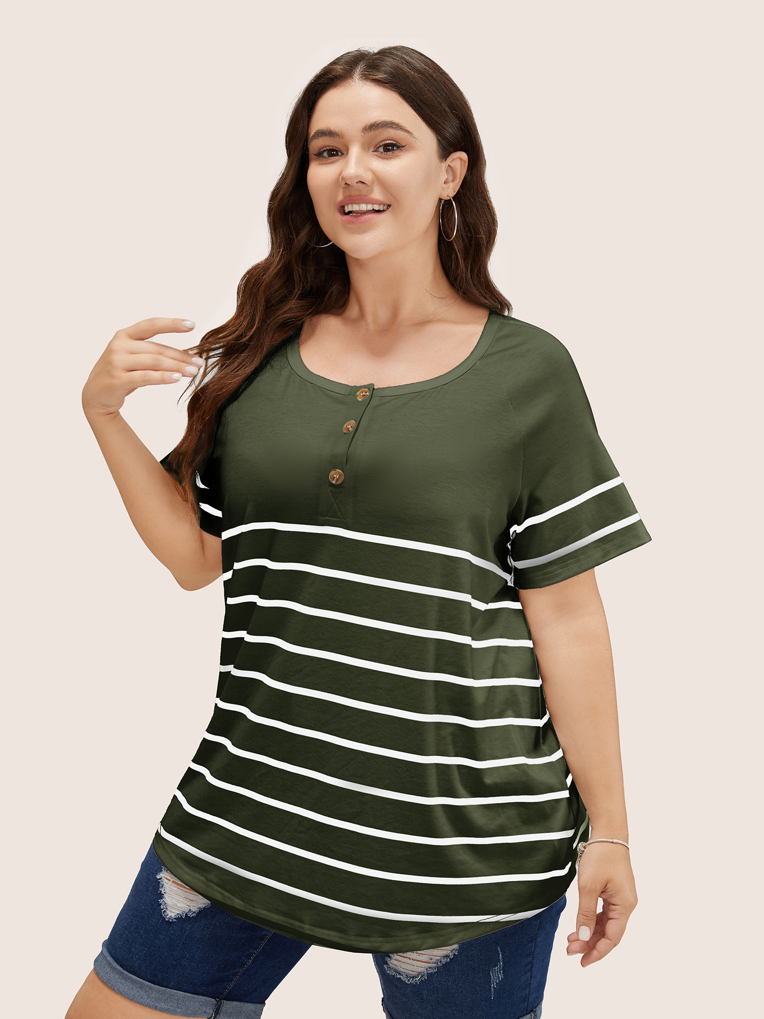 

Plus Size Striped Print Raglan Sleeve Button Up T-shirt ArmyGreen Women Casual Contrast Striped Round Neck Everyday T-shirts BloomChic