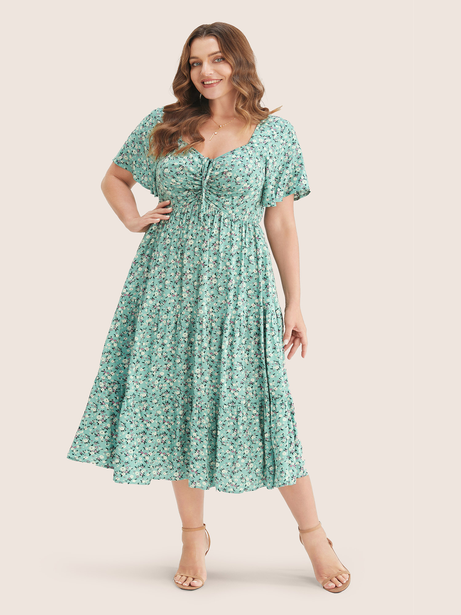 

Plus Size Ditsy Floral Drawstring Ruched Pocket Ruffle Tiered Dress Mint Women Non V-neck Short sleeve Curvy Midi Dress BloomChic