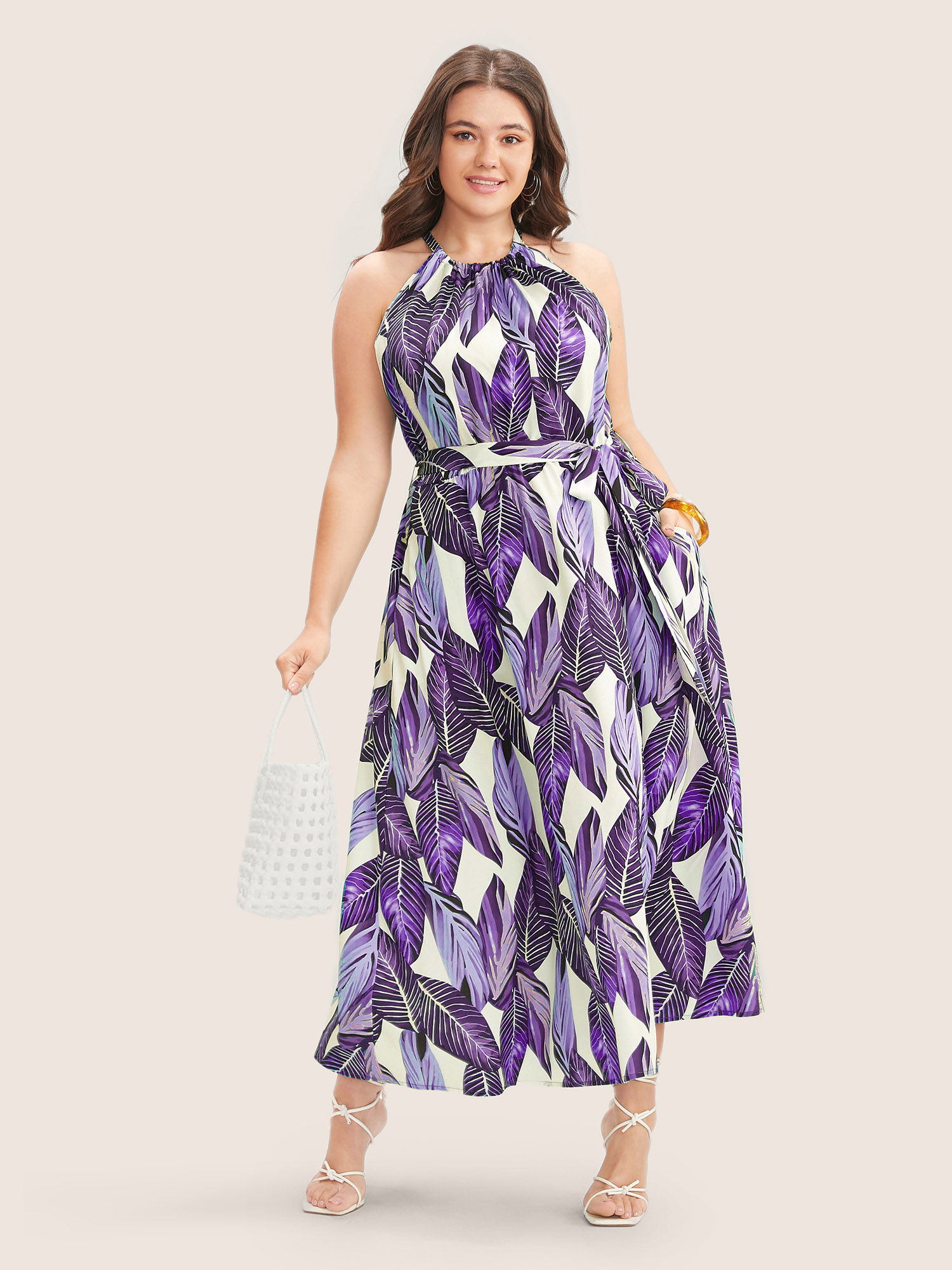 

Plus Size Tropical Print Knotted Pocket Ruffles Belted Halter Dress Purple Women Resort Non Halter neck Sleeveless Curvy Midi Dress BloomChic