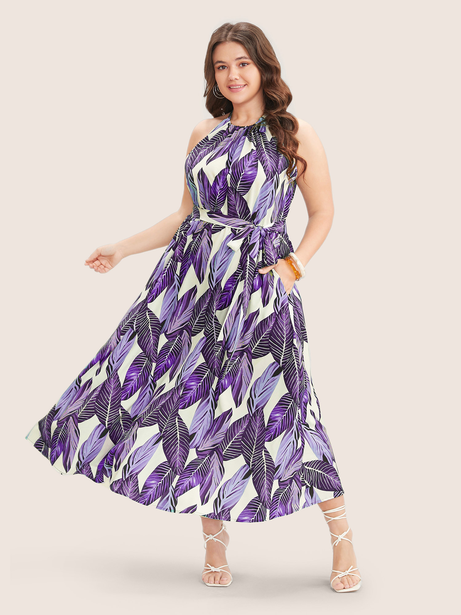 

Plus Size Tropical Print Knotted Pocket Ruffles Belted Halter Dress Purple Women Resort Non Halter neck Sleeveless Curvy Midi Dress BloomChic