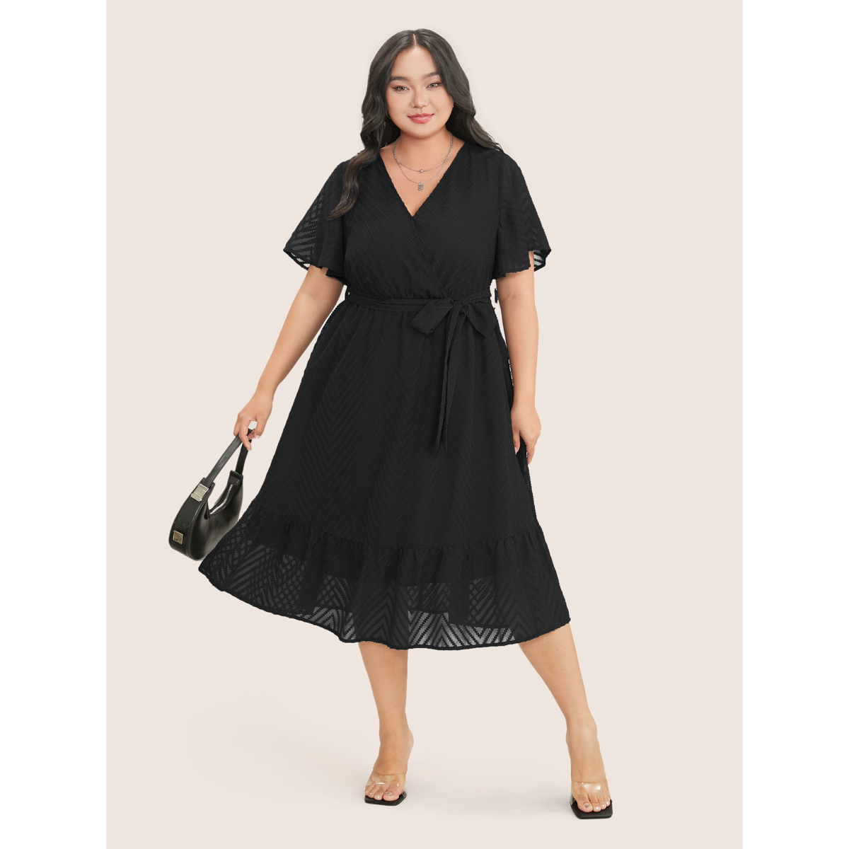 

Plus Size Plain Geometric Pocket Mesh Ruffle Sleeve Belted Wrap Dress Black Women Pocket V-neck Short sleeve Curvy Midi Dress BloomChic
