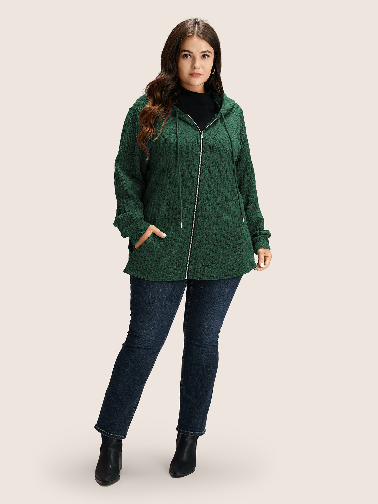 Plus Size Plain Textured Zipper Hooded Sweatshirt Women DarkGreen Casual Non Hooded Everyday Sweatshirts BloomChic 12/L 