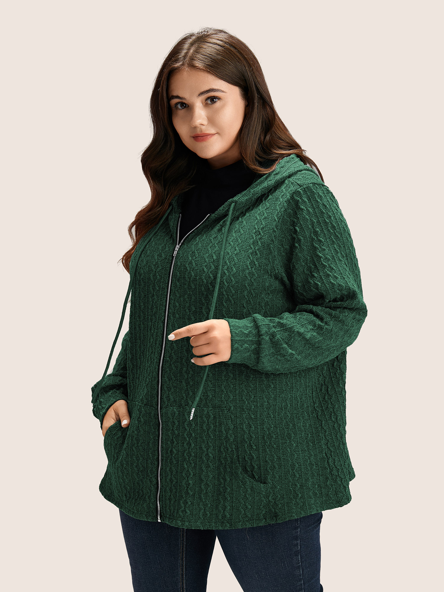 Plus Size Plain Textured Zipper Hooded Sweatshirt Women DarkGreen Casual Non Hooded Everyday Sweatshirts BloomChic 12/L 