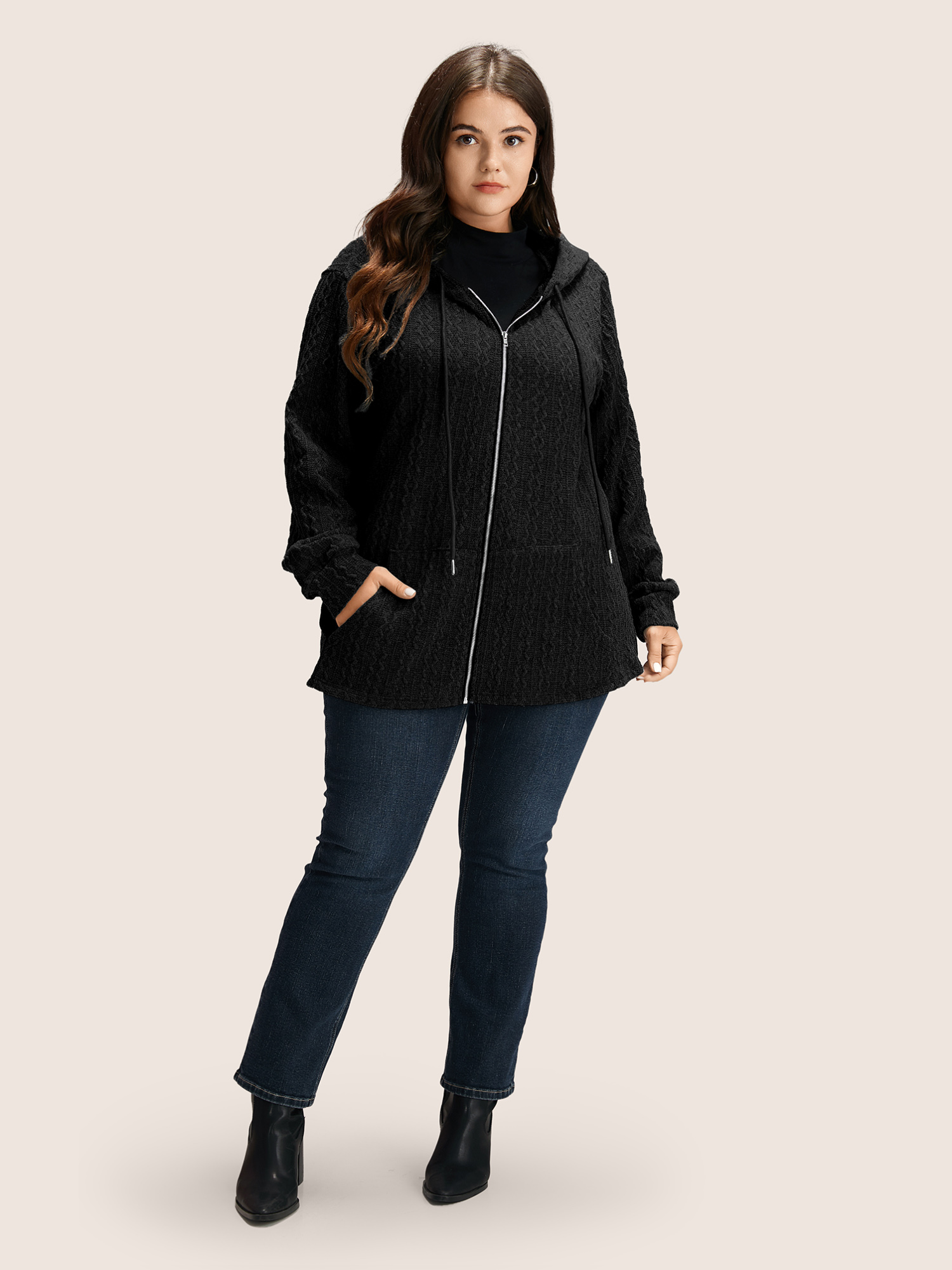 Plus Size Plain Textured Zipper Hooded Sweatshirt Women Black Casual Non Hooded Everyday Sweatshirts BloomChic 14-16/1X 