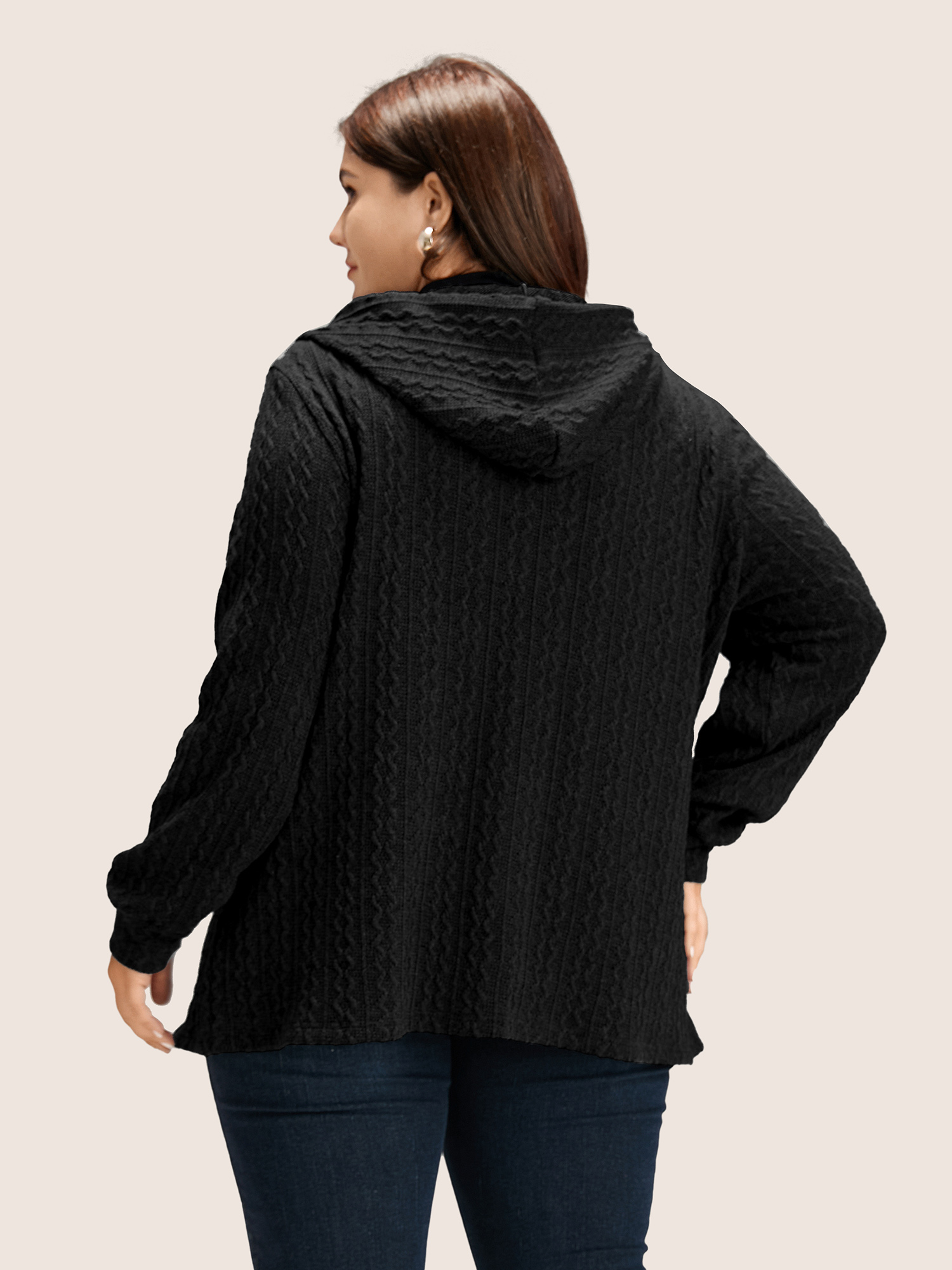 Plus Size Plain Textured Zipper Hooded Sweatshirt Women Black Casual Non Hooded Everyday Sweatshirts BloomChic 14-16/1X 