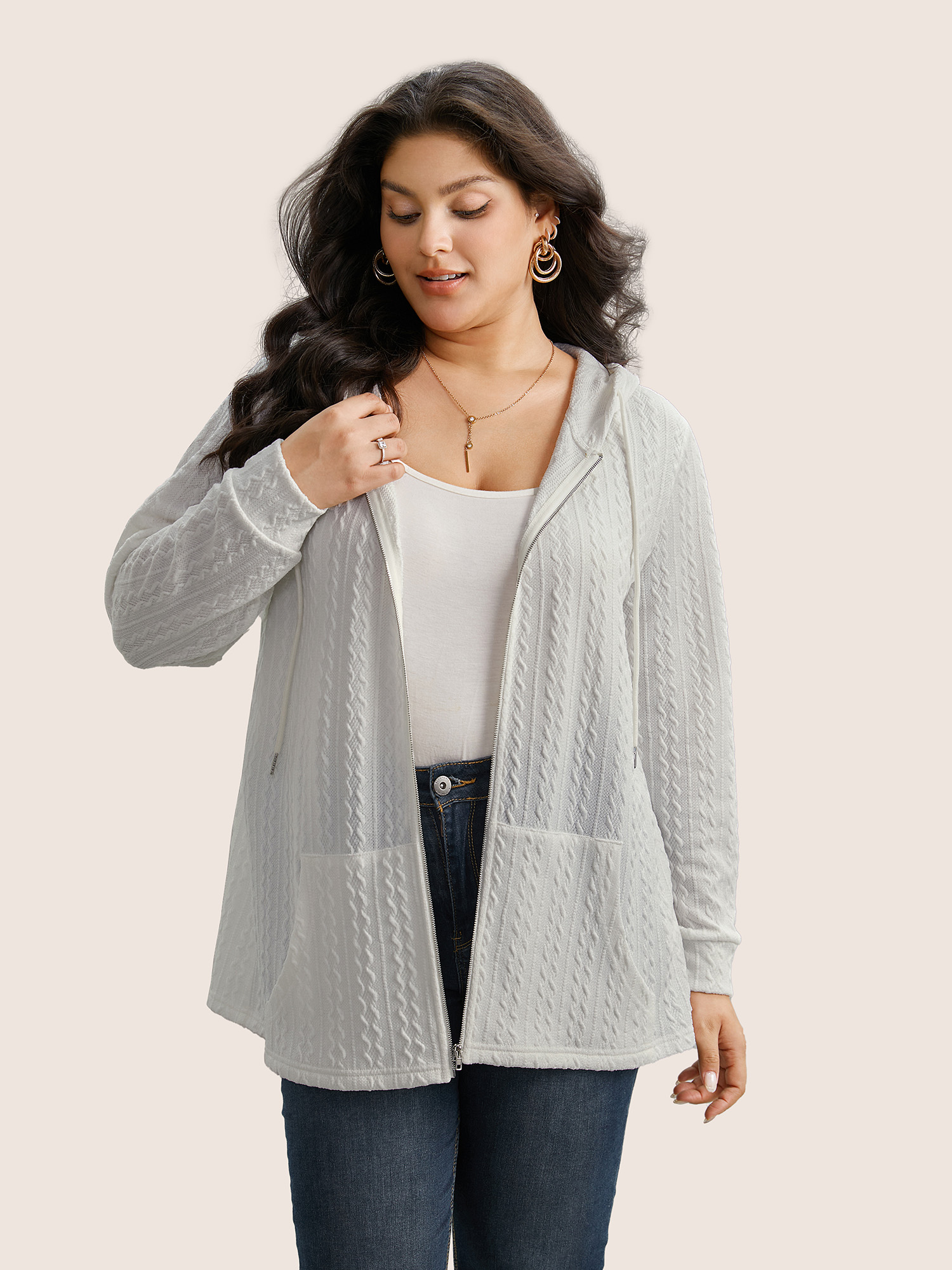 Plus Size Plain Textured Zipper Hooded Sweatshirt Women White Casual Non Hooded Everyday Sweatshirts BloomChic 22-24/3X 