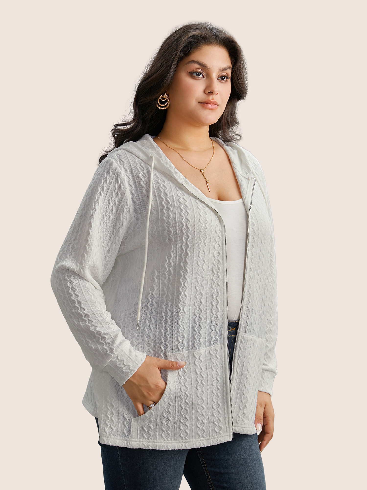 Plus Size Plain Textured Zipper Hooded Sweatshirt Women White Casual Non Hooded Everyday Sweatshirts BloomChic 22-24/3X 