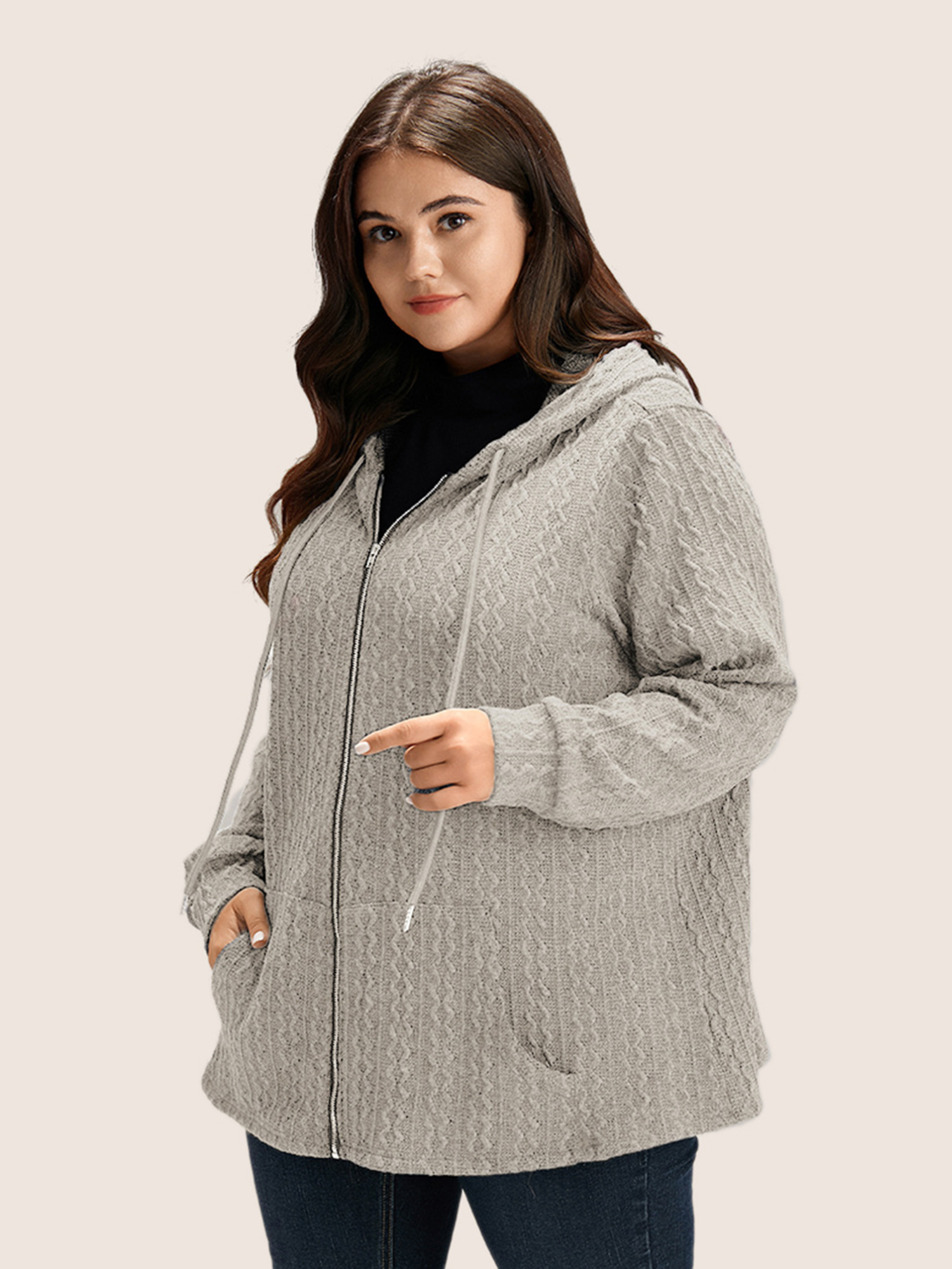 

Plus Size Plain Textured Zipper Hooded Sweatshirt Women Champagne Casual Non Hooded Everyday Sweatshirts BloomChic