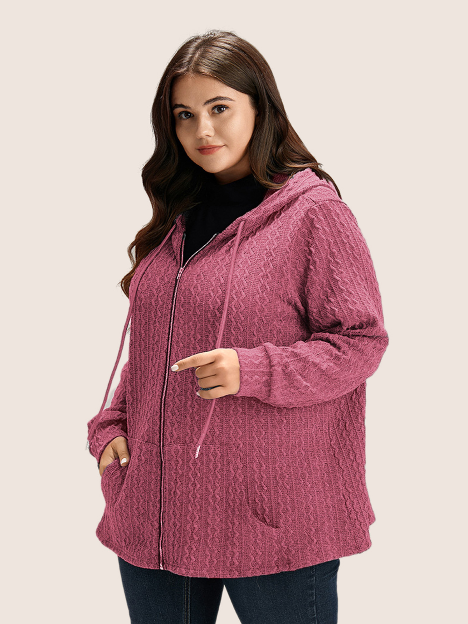 Plus Size Plain Textured Zipper Hooded Sweatshirt Women DustyPink Casual Non Hooded Everyday Sweatshirts BloomChic 14-16/1X 