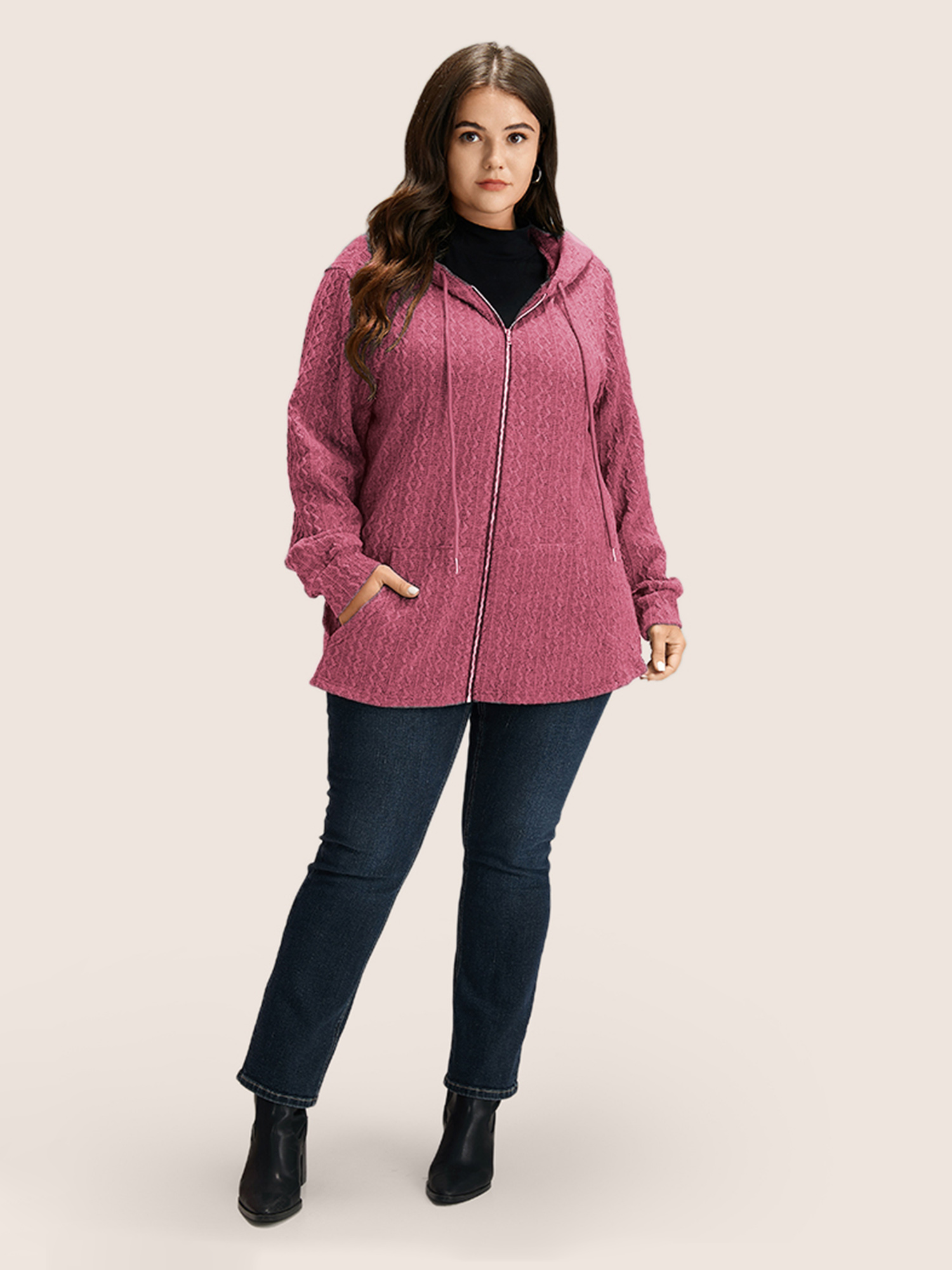 

Plus Size Plain Textured Zipper Hooded Sweatshirt Women DustyPink Casual Non Hooded Everyday Sweatshirts BloomChic