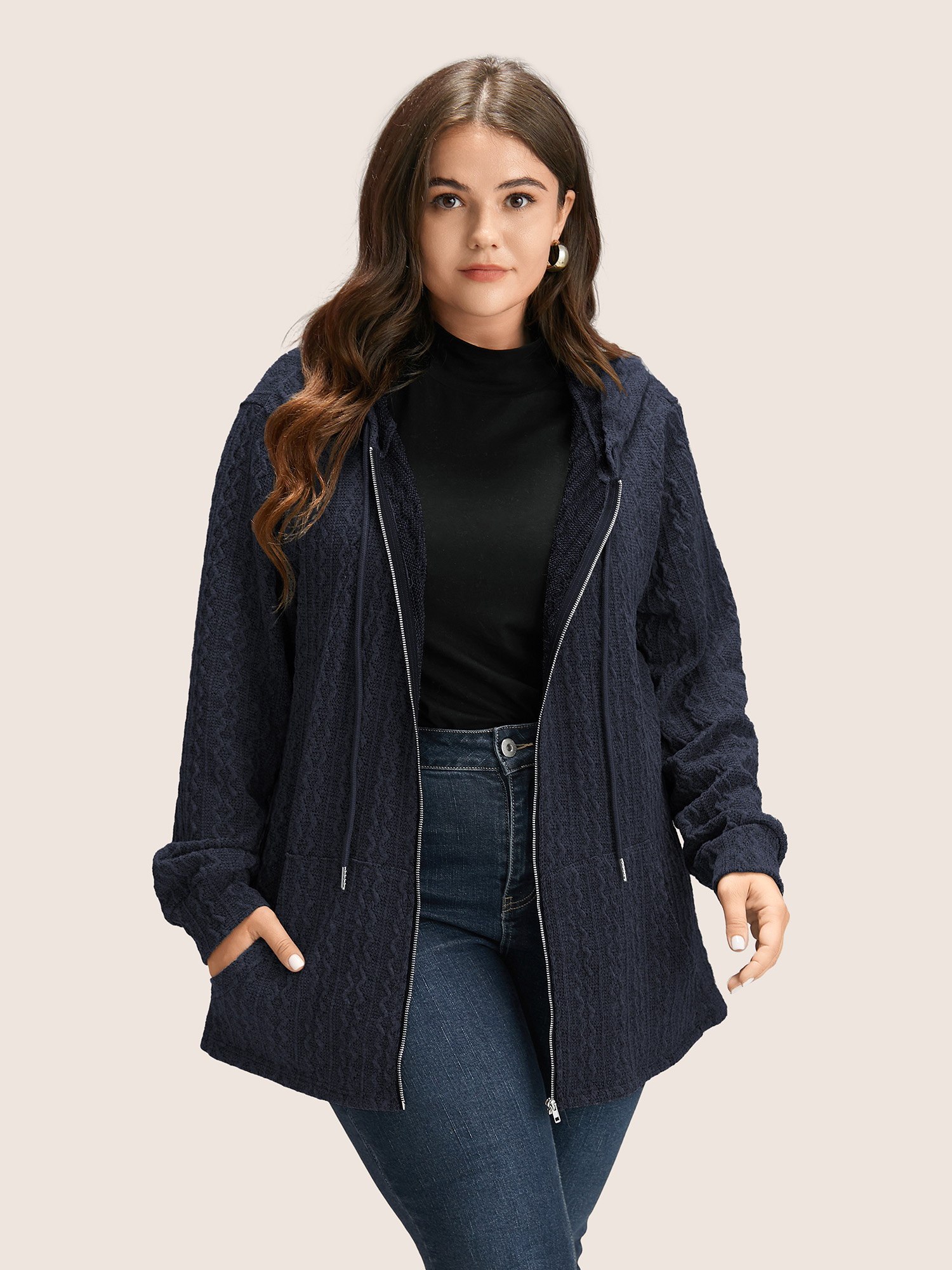 

Plus Size Plain Textured Zipper Hooded Sweatshirt Women DarkBlue Casual Non Hooded Everyday Sweatshirts BloomChic