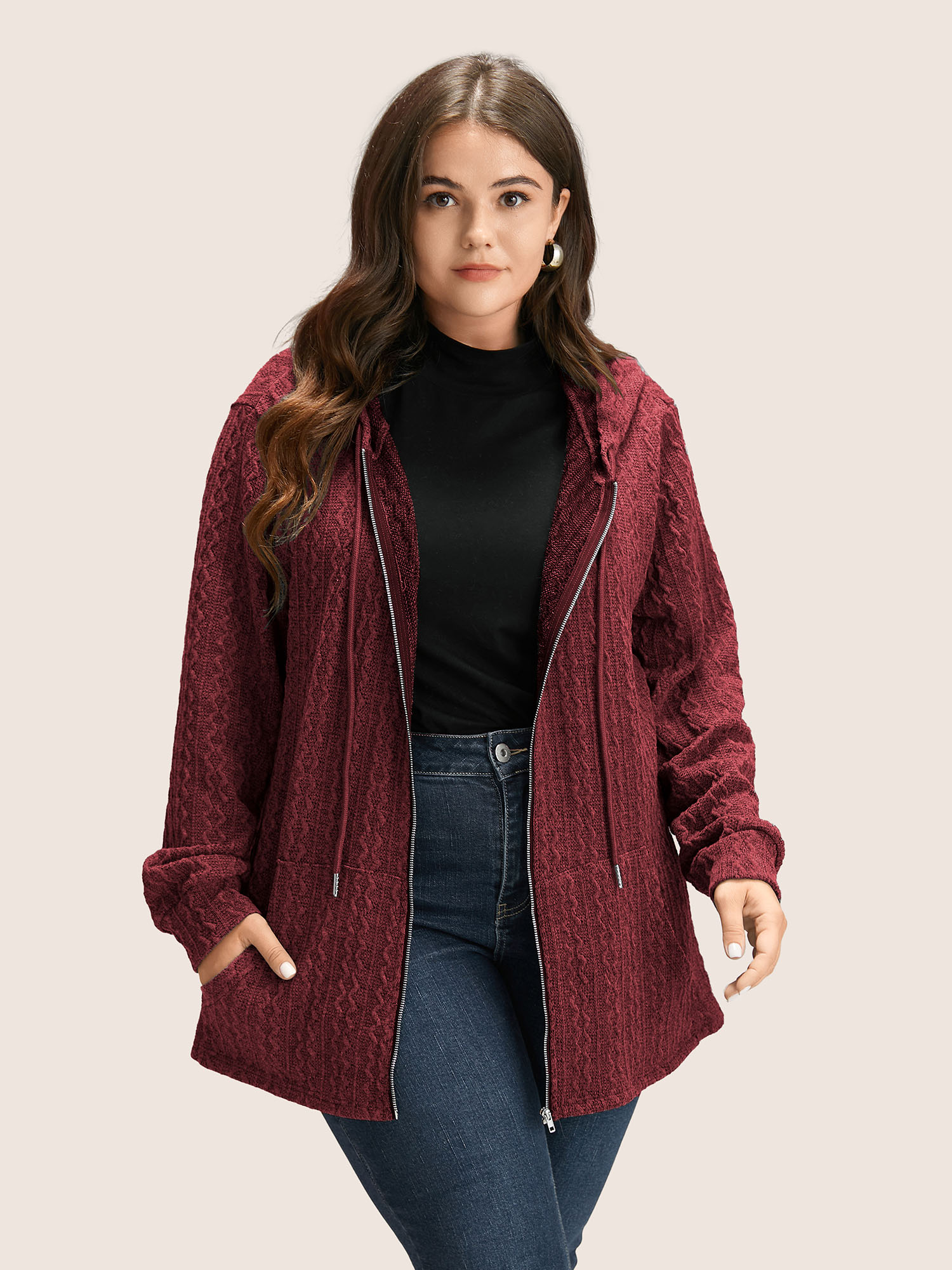 

Plus Size Plain Textured Zipper Hooded Sweatshirt Women Burgundy Casual Non Hooded Everyday Sweatshirts BloomChic