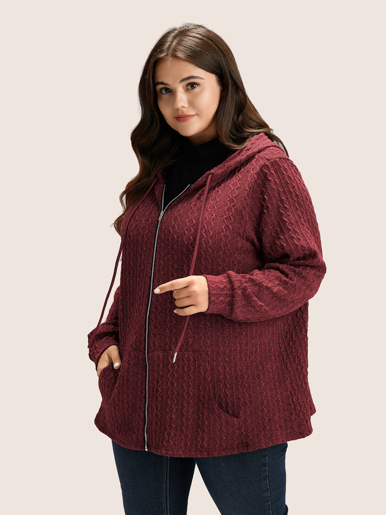 

Plus Size Plain Textured Zipper Hooded Sweatshirt Women Burgundy Casual Non Hooded Everyday Sweatshirts BloomChic