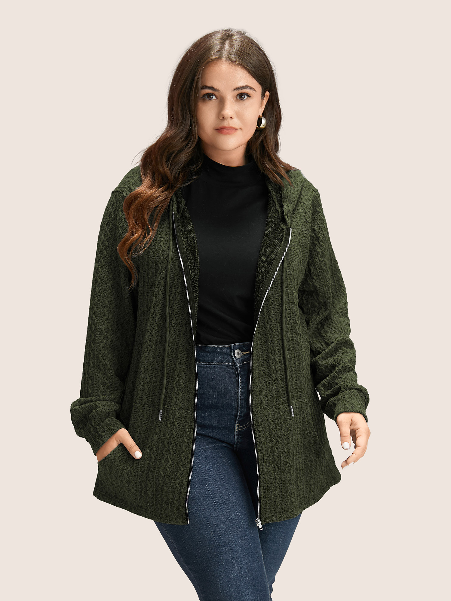 

Plus Size Plain Textured Zipper Hooded Sweatshirt Women ArmyGreen Casual Non Hooded Everyday Sweatshirts BloomChic