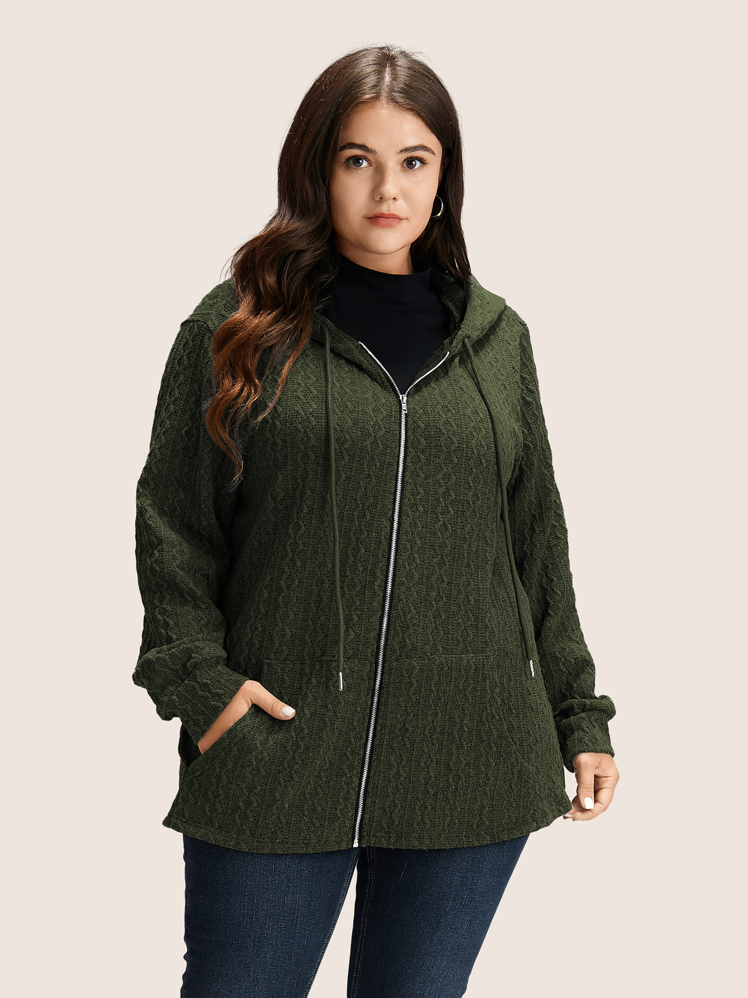 

Plus Size Plain Textured Zipper Hooded Sweatshirt Women ArmyGreen Casual Non Hooded Everyday Sweatshirts BloomChic