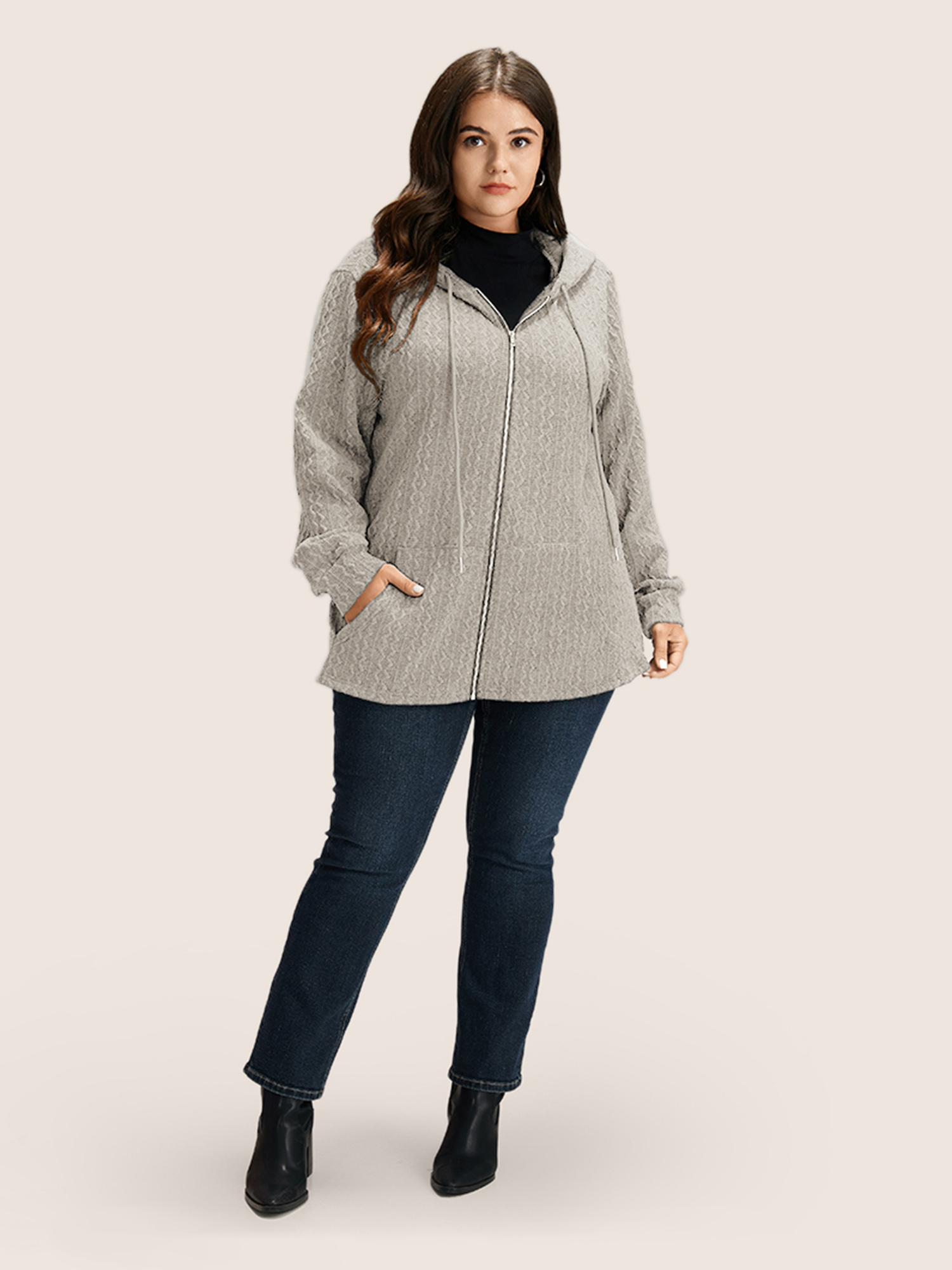 Plus Size Plain Textured Zipper Hooded Sweatshirt Women Champagne Casual Non Hooded Everyday Sweatshirts BloomChic 30/6X 